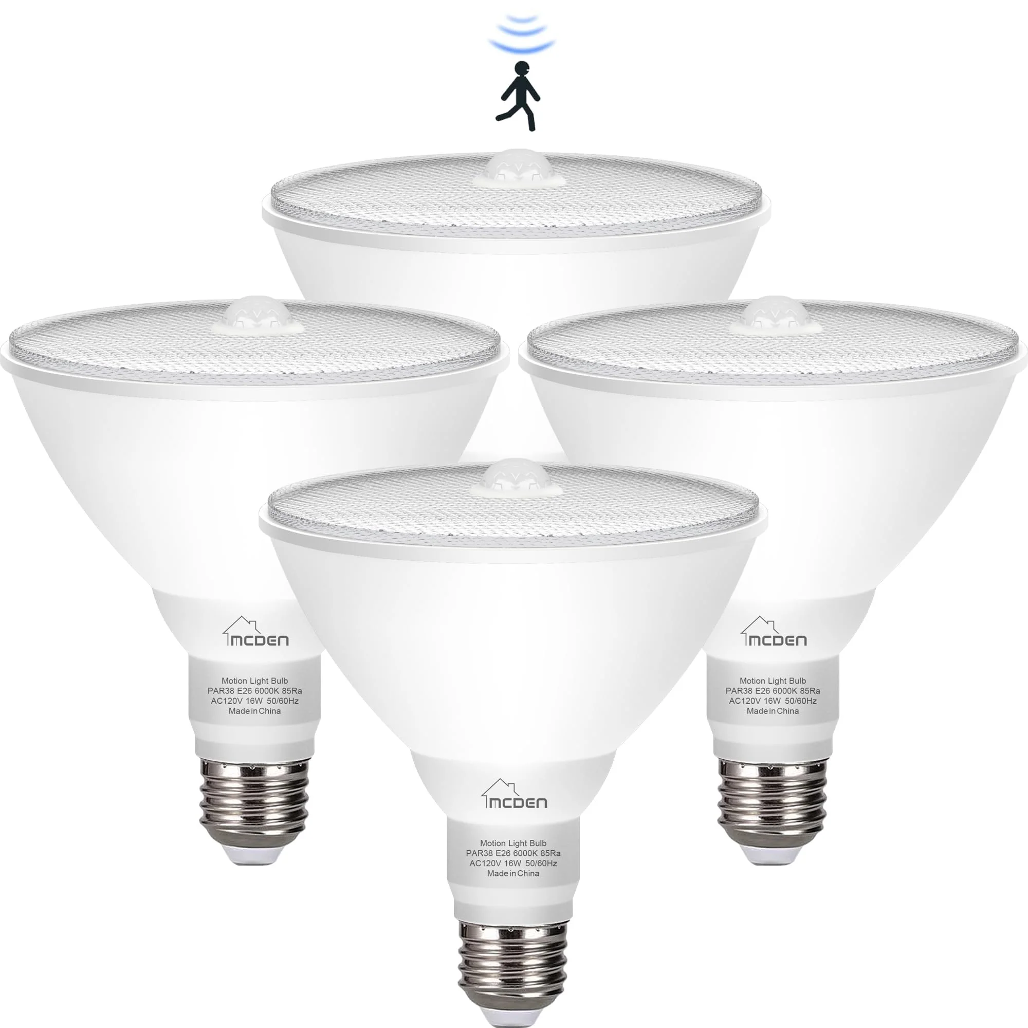 McDen Motion Sensor Light Bulb, PAR38 16W Equivalent 100W 6000K Daylight, Indoor Motion Activation Detector Light Bulb, E26 Base Dusk to Dawn Security Night Light.LED Flood Lights Outdoor, 4 Packs Daylight White PAR38-16W