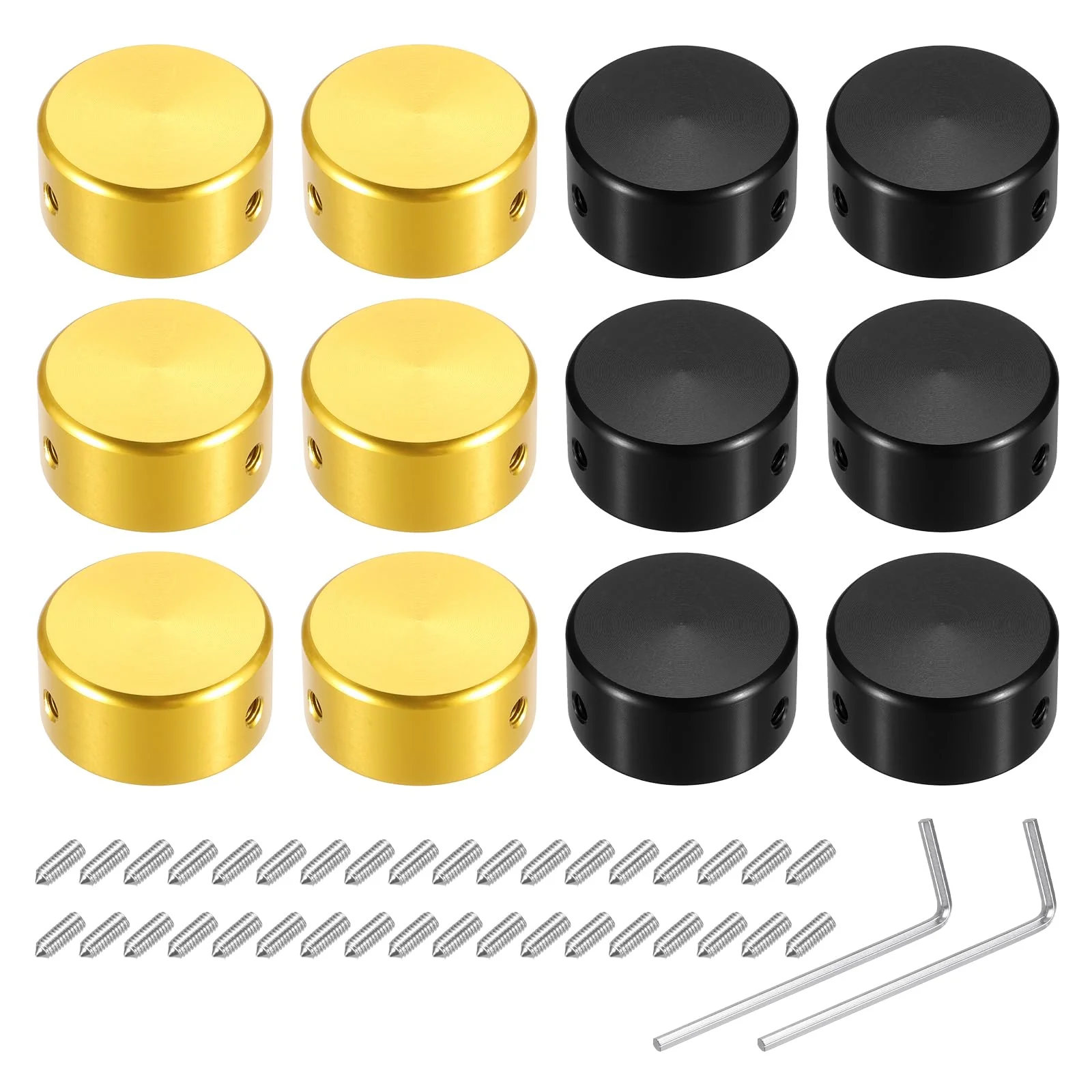 MECCANIXITY 12 Pcs Footswitch Toppers Guitar Pedal Button Caps Metal Footswitch Top Cover 3/8" for Guitar Effects Pedal Buttons, Black, Gold