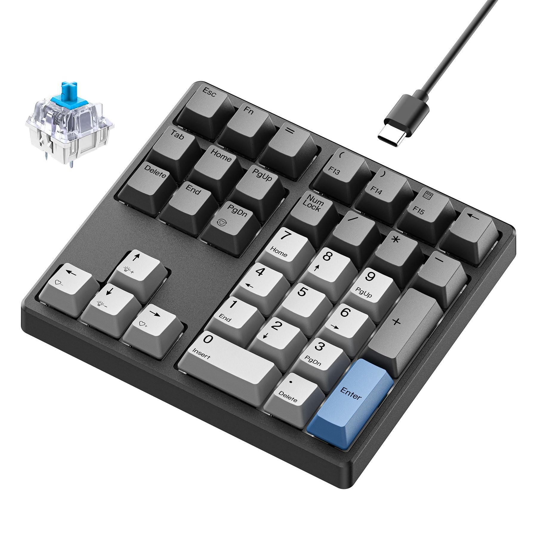 Mechanical Number Pad, 34 Key Wired Hot Swappable Keypad, Gateron Switches White Backlit Numpad,USB Numeric Keypad with PBT Keycaps for Laptop, Mac, PC Desktop(Blue Switch) Blue Switch