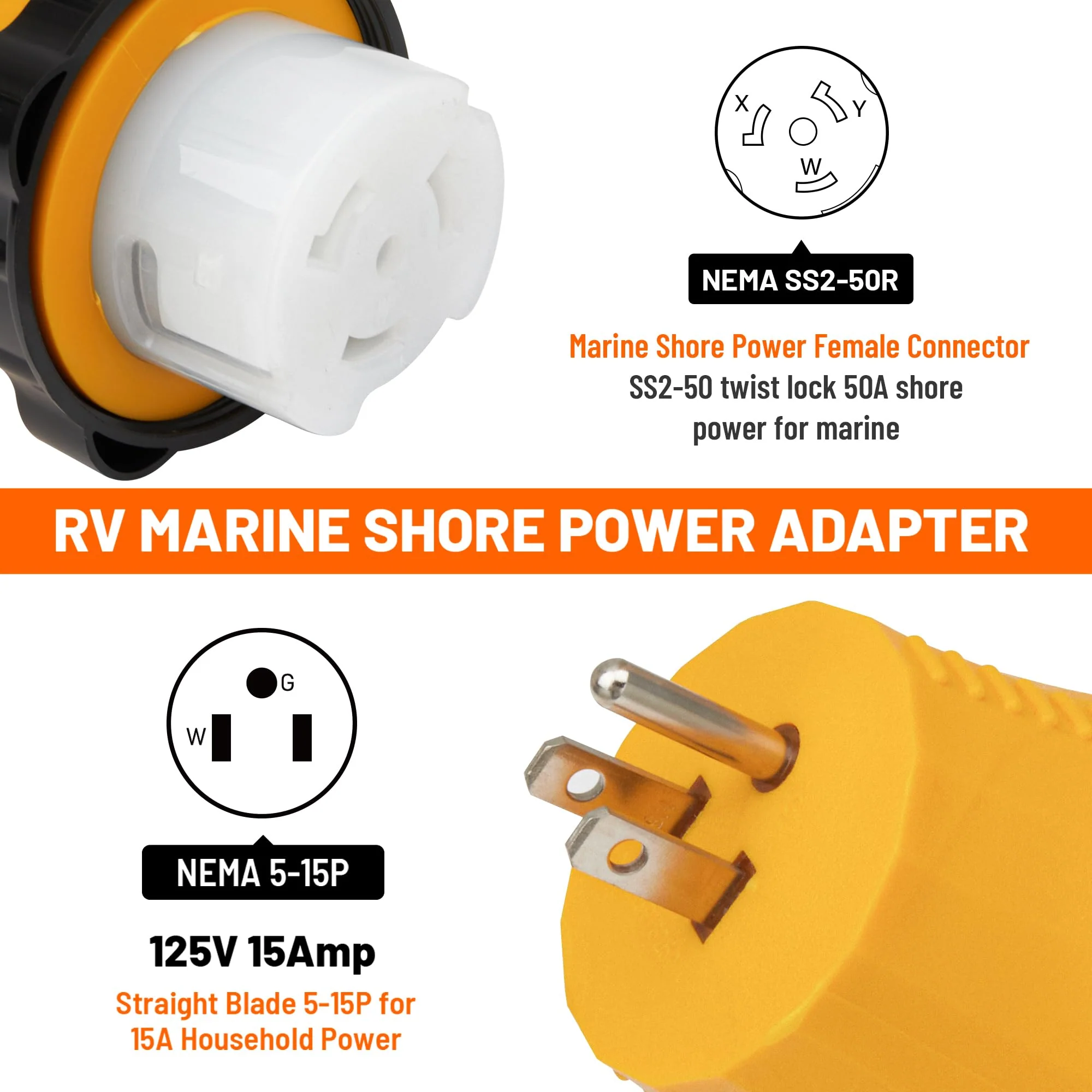 MECMO 50 Amp to 15 Amp 110V RV Marine Adapter Plug, NEMA 5-15P to NEMA SS2-50R Twist Lock Adopter, 15A Male to 50A Female Electrical Locking RV Shore Power Adapter w/ Threaded Ring for RV Camper Boat - Image 2
