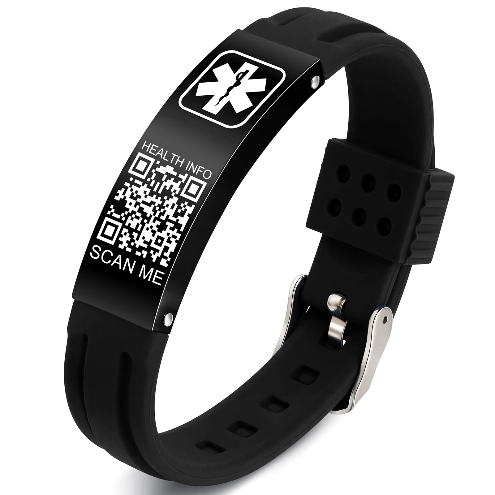 Medical Bracelets for Men Women with QR Code Medical Alert ID Bracelets for Sport Travel - Silicone Waterproof Wristband Fits Wrists Up to 8 inches - More Space Custom Emergency Medic ID Alert Information 9.45'' Folding Buckle - Black+Black