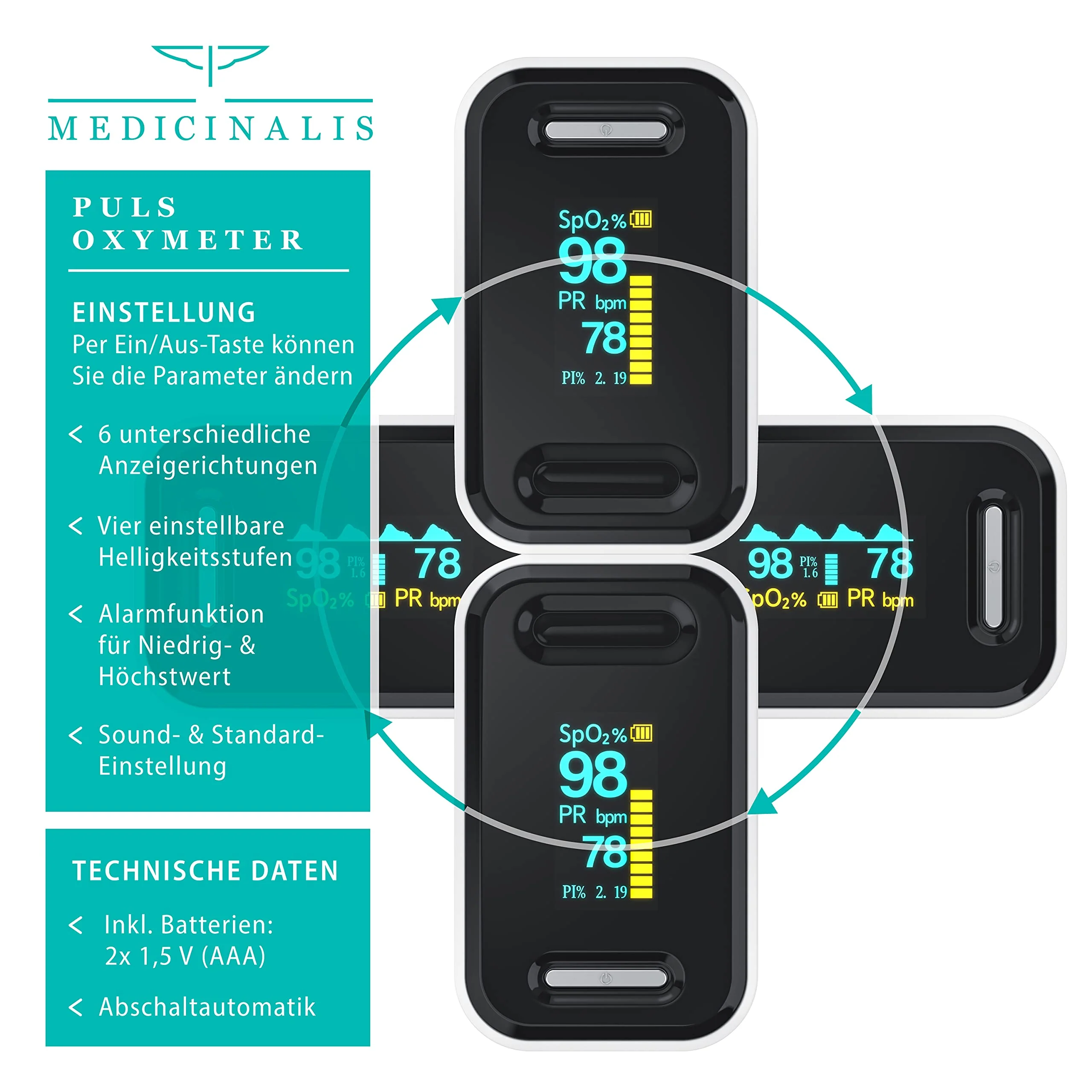 Medicinalis - Finger Pulse Oximeter - SpO2 Heart Rate Monitor - Finger Pulse Oximeter - Measurement of Pulse and Oxygen Saturation on the Finger - OLED Display - Battery Indicator - Alarm - One Touch Single - Image 3