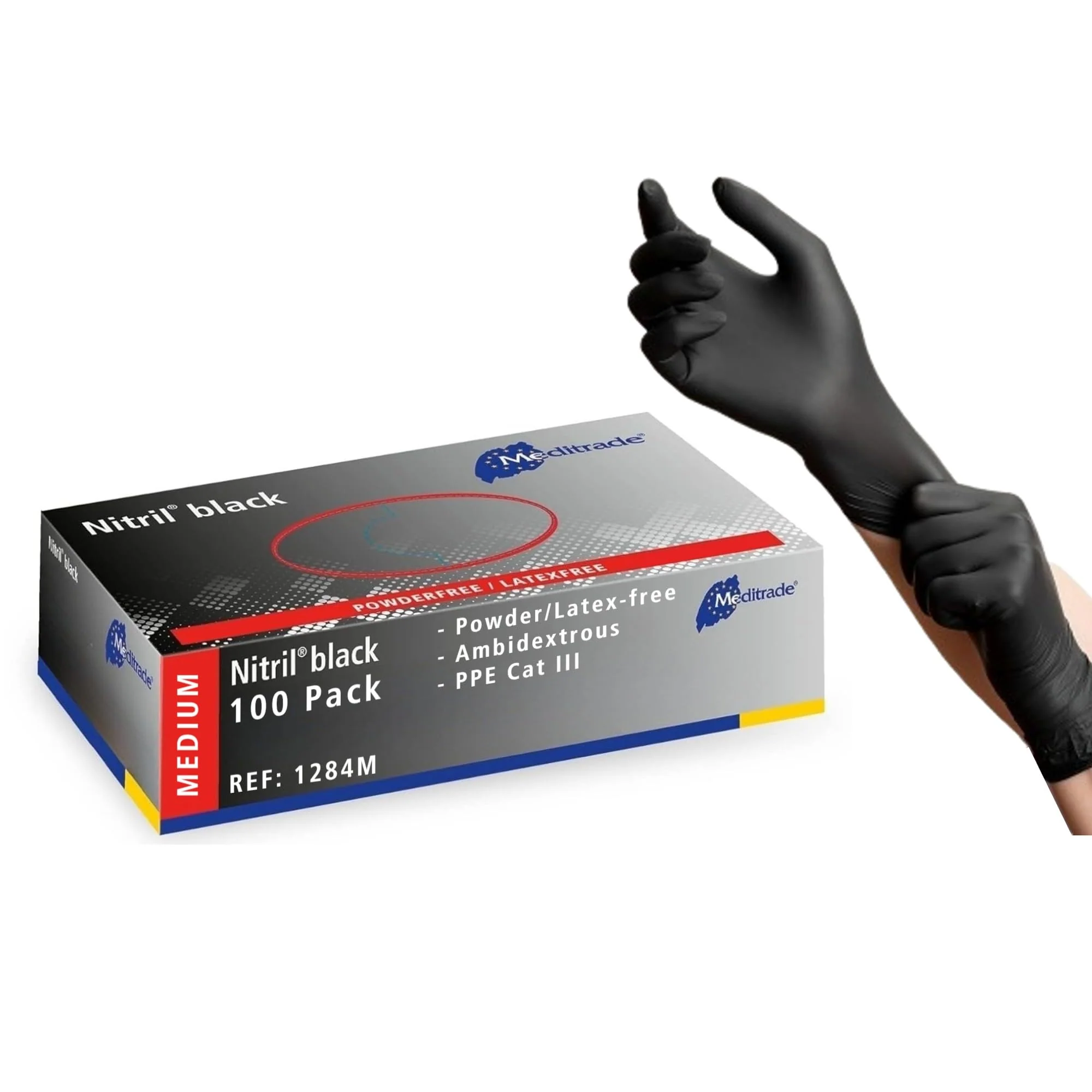 Meditrade Nitril® Disposable Gloves Black - Powder-Free, Latex-Free, Micro-roughened, Food Safe, Examination Gloves & Protective Gloves - Medium