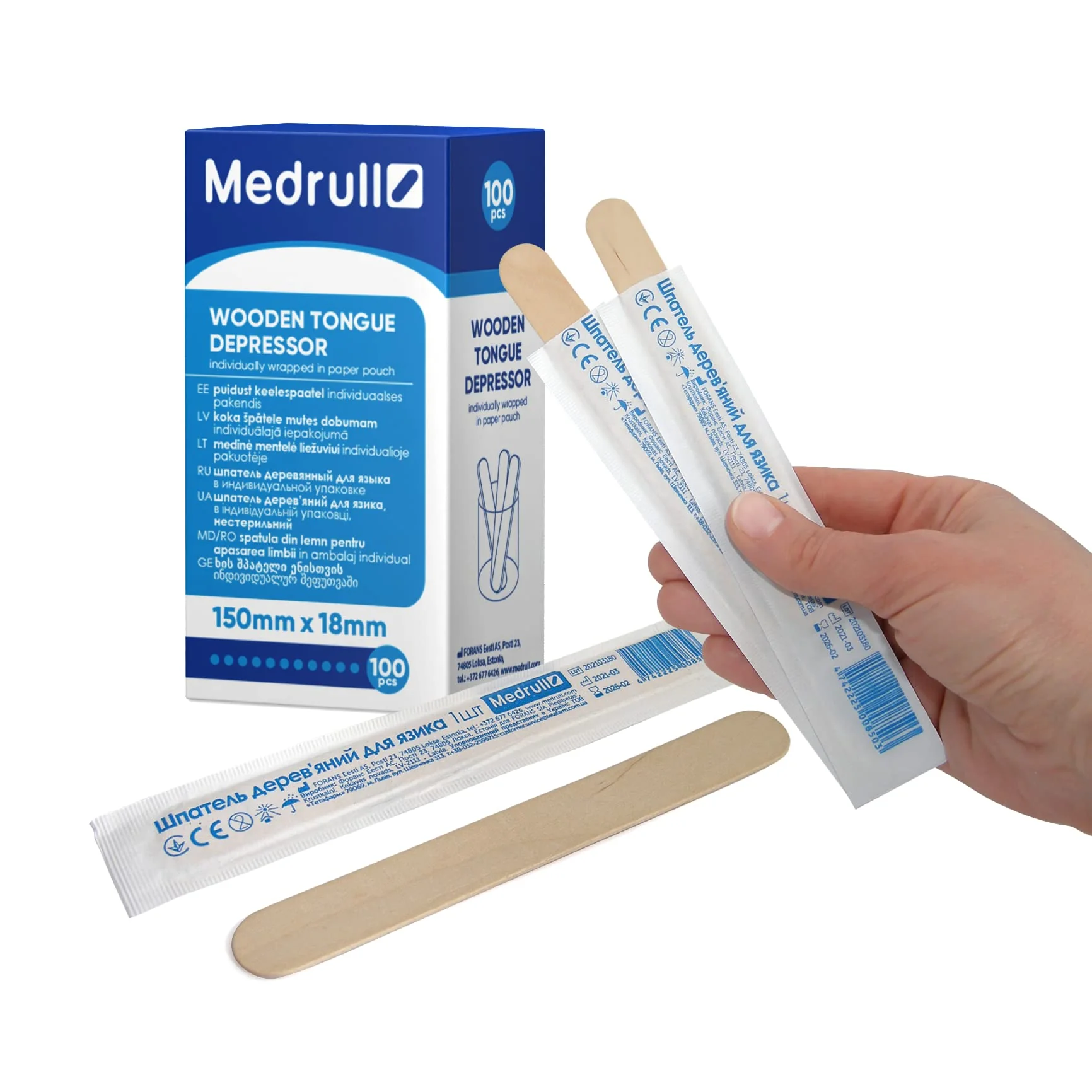 Medrull Wooden Mouth Depressors Pack of 100, 1.8 cm x 15 cm Individually Packed in Paper Bag for Applying Ointments or Waxes for Medical Purposes to Examine the Mouth and Throat Space 1.8cm x 15cm (100 Stück Einzeln verpackt)