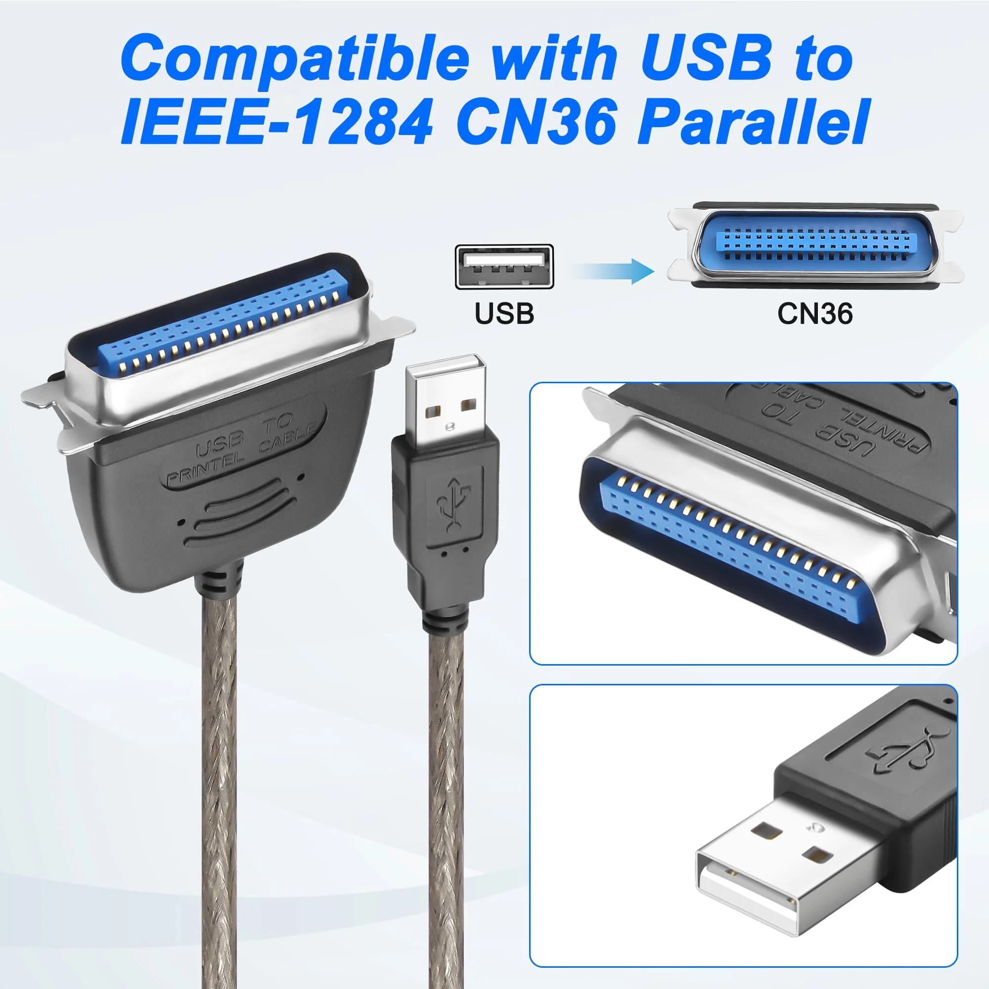 MEIRIYFA USB 2.0 to Parallel IEEE 1284 CN36 Printer Adapter Cable, USB to CN36 Parallel Printer Cable for Old Printer, Centronics Parallel Converter (1.5M) - Image 2