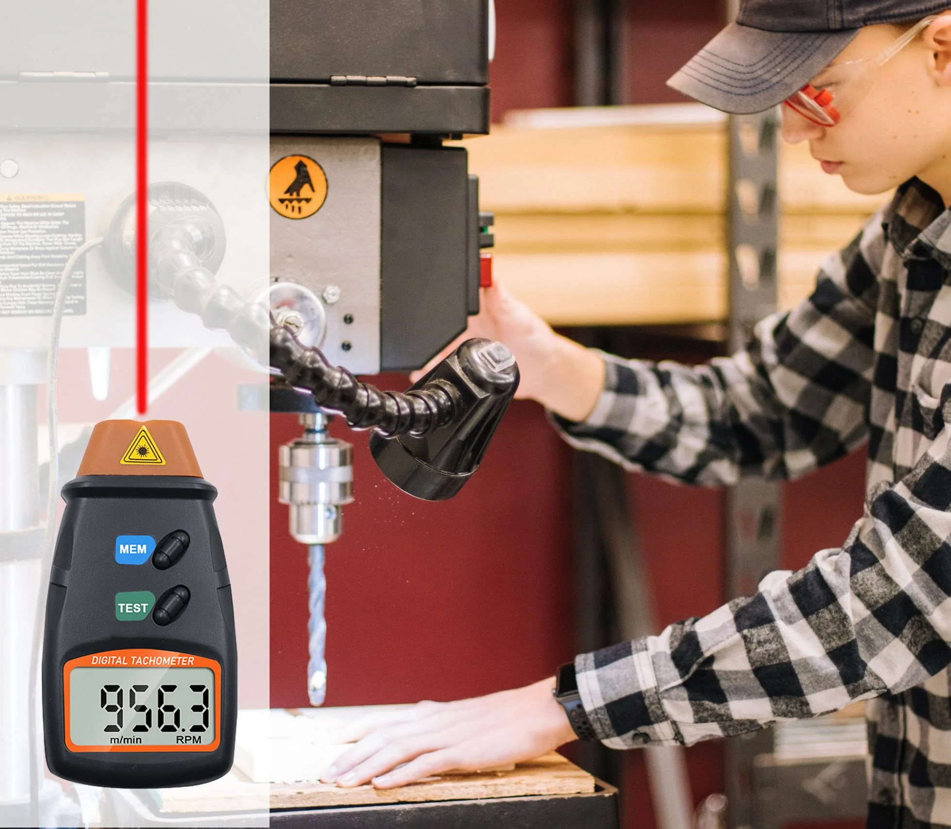 Mengshen Digital Tachometer, Non Contact Laser Photo Tach 2.5-99999 RPM Rotation Speed Meter Gauge Measurement with Reflective Tape (9V Battery Included) - Image 6