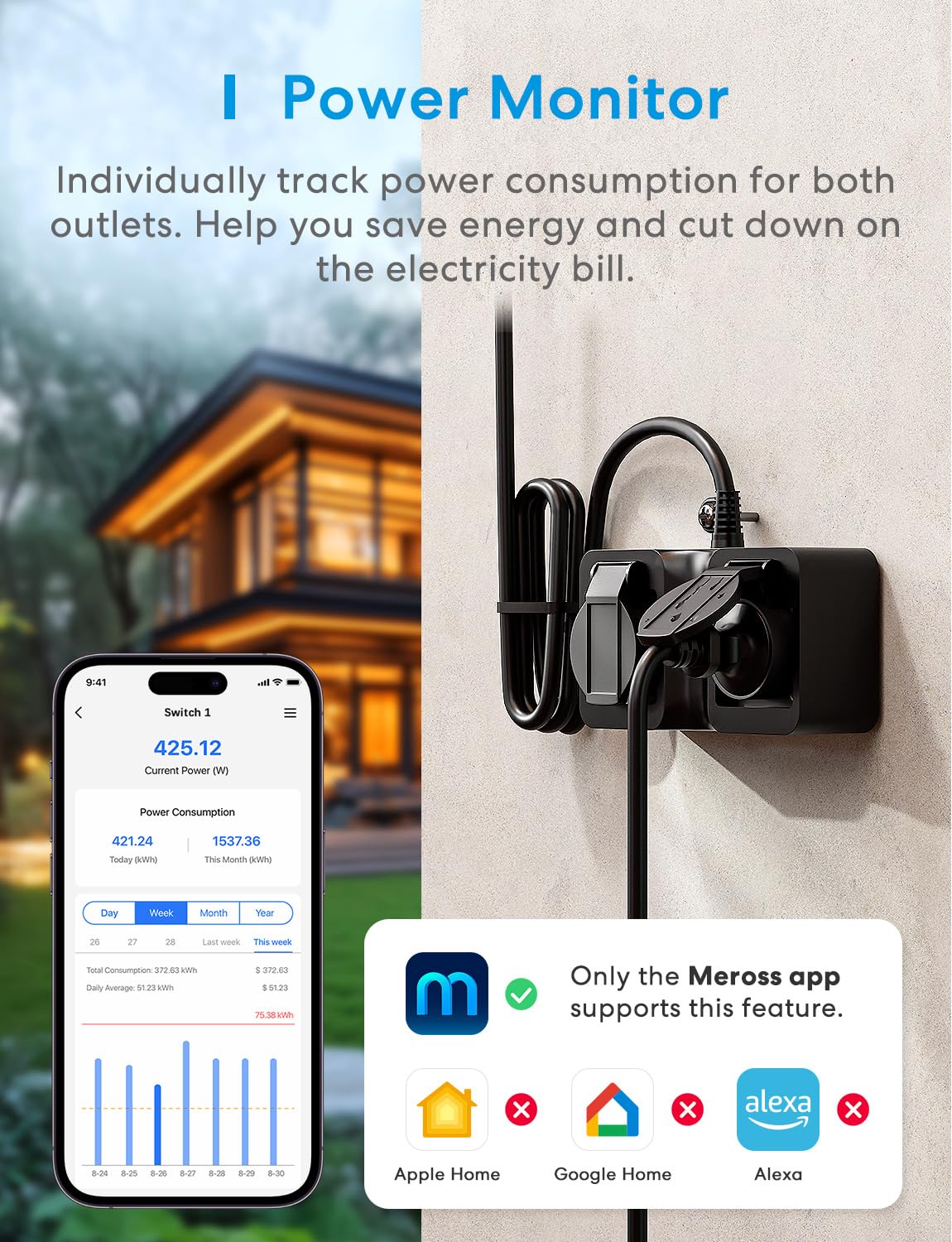 Meross Matte WiFi Socket Outdoor with Current Measurement, Smart Socket Electricity Meter for Balcony Power Station Outdoor Socket Waterproof IP44, Works with HomeKit, Alexa and Google, 16 A, 1.5 m Matte outdoor socket - Image 3