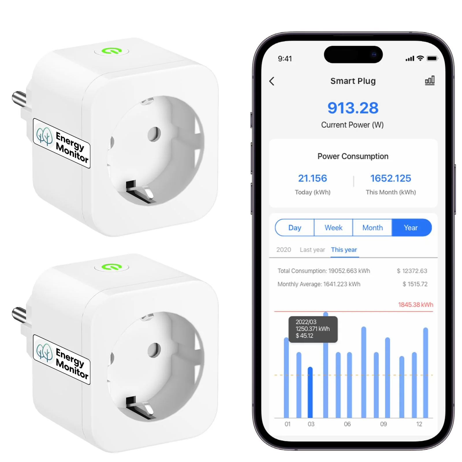 Meross Smart Socket with Current Measurement 16 A, Bluetooth WLAN Socket with Timer, Voice and Remote Control, Electricity Meter for Balcony Power Plant, Works with Alexa, Google Home, Pack of 2 WiFi socket with current measurement 2St.
