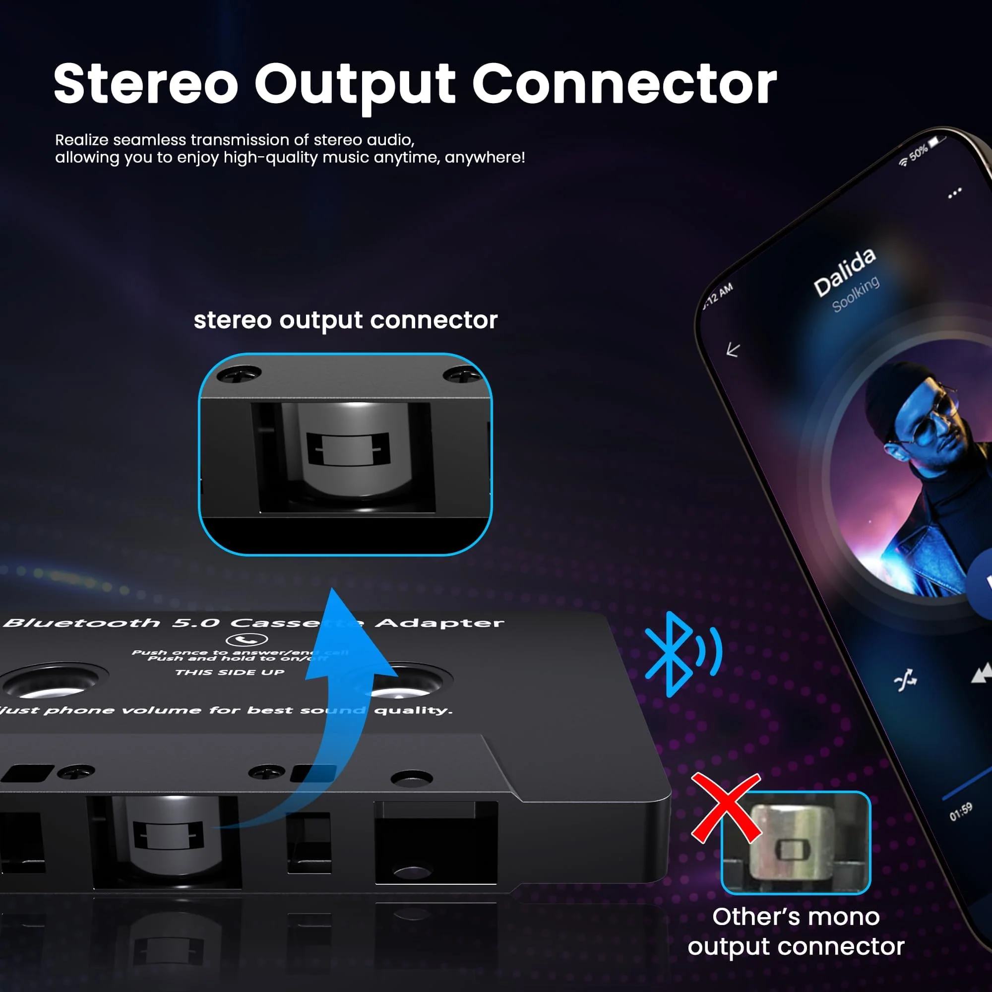 Mersoco Car Audio Bluetooth Wireless Cassette Receiver, Tape Player MP3 Bluetooth 5.0 Cassette Aux Adapter, Hands-Free Calling, Stereo Two-Channel,Black - Image 4