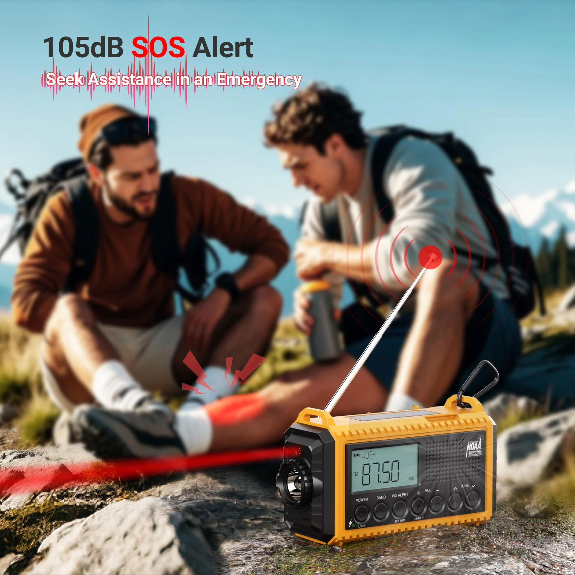 Mesqool 12000 Emergency Radio, Auto Digital Weather Radio NOAA/AM/FM/SW Battery Backup Crank with Flashlight Phone Charger, Portable Solar Powered Radio Backlit LCD Display, SOS Yellow/Black - Image 6