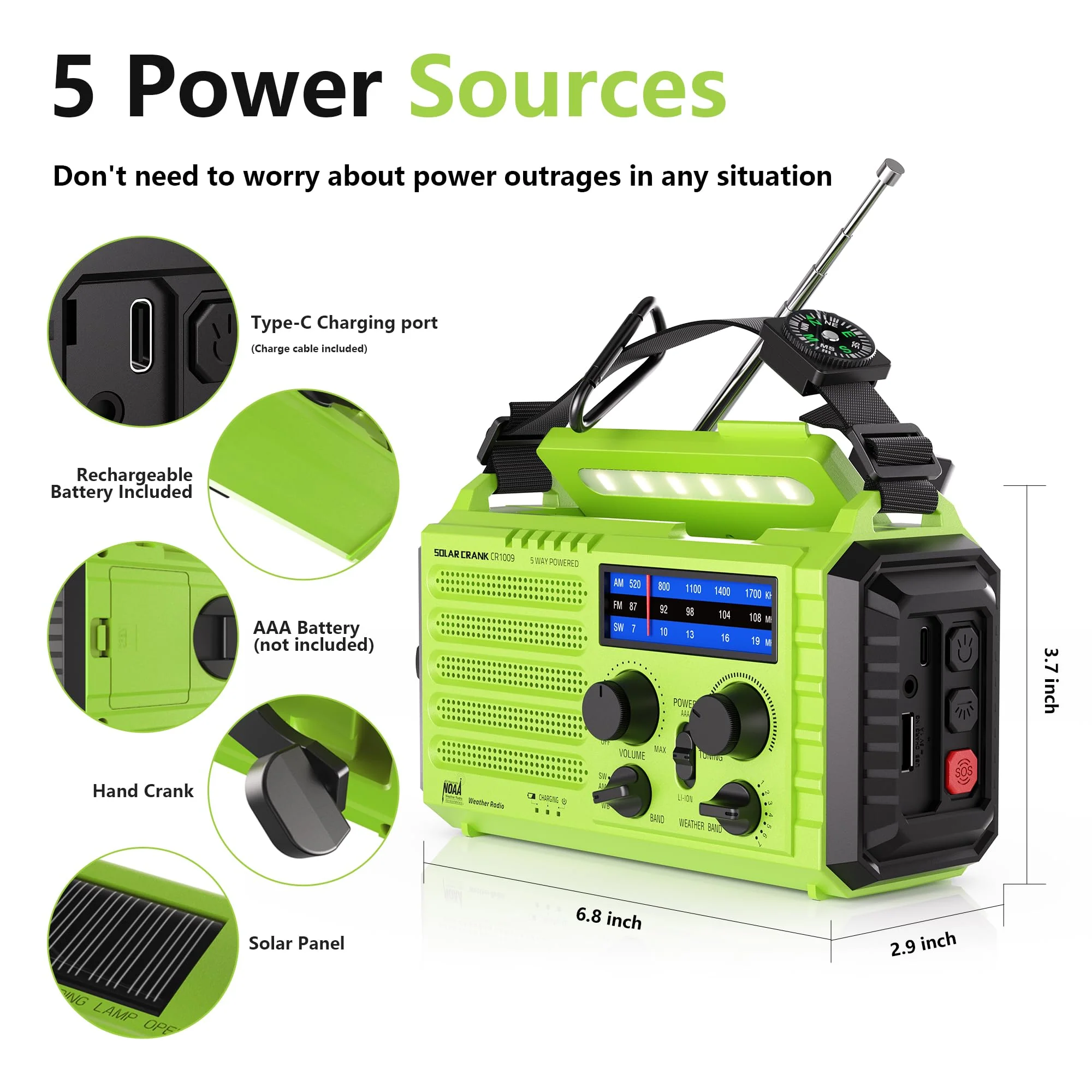 Mesqool Emergency Radio 5 Way Powered, 5000 Survival Radio Solar Hand Crank Portable NOAA/AM/FM/SW Weather Radio Battery Backup, Wind up Radio with Cell Phone Charger, Flashlight, SOS green - Image 2