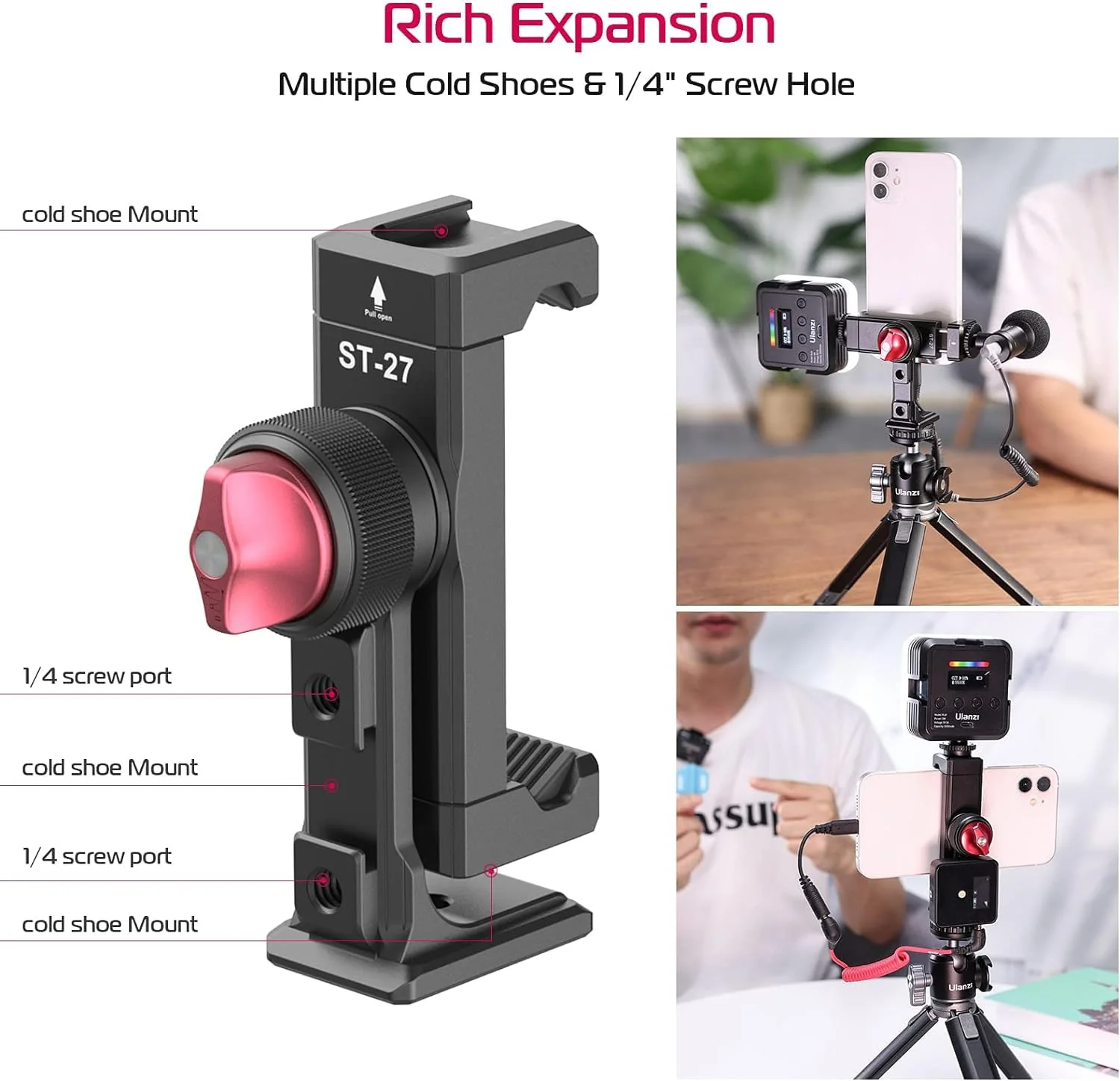 Metal Phone Tripod Mount 3 Cold Shoes & Arca Port, 360° Smartphone Tripod Adapter for iPhone 17 16 15 Cell Phone Stand Holder for Desktop Video Live Streaming Vlogging Rig ST-27 - Image 3