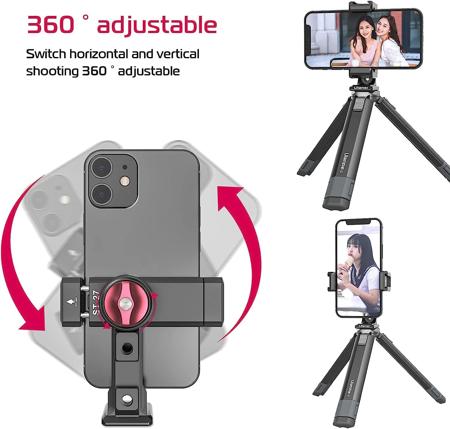 Metal Phone Tripod Mount 3 Cold Shoes & Arca Port, 360° Smartphone Tripod Adapter for iPhone 17 16 15 Cell Phone Stand Holder for Desktop Video Live Streaming Vlogging Rig ST-27 - Image 4
