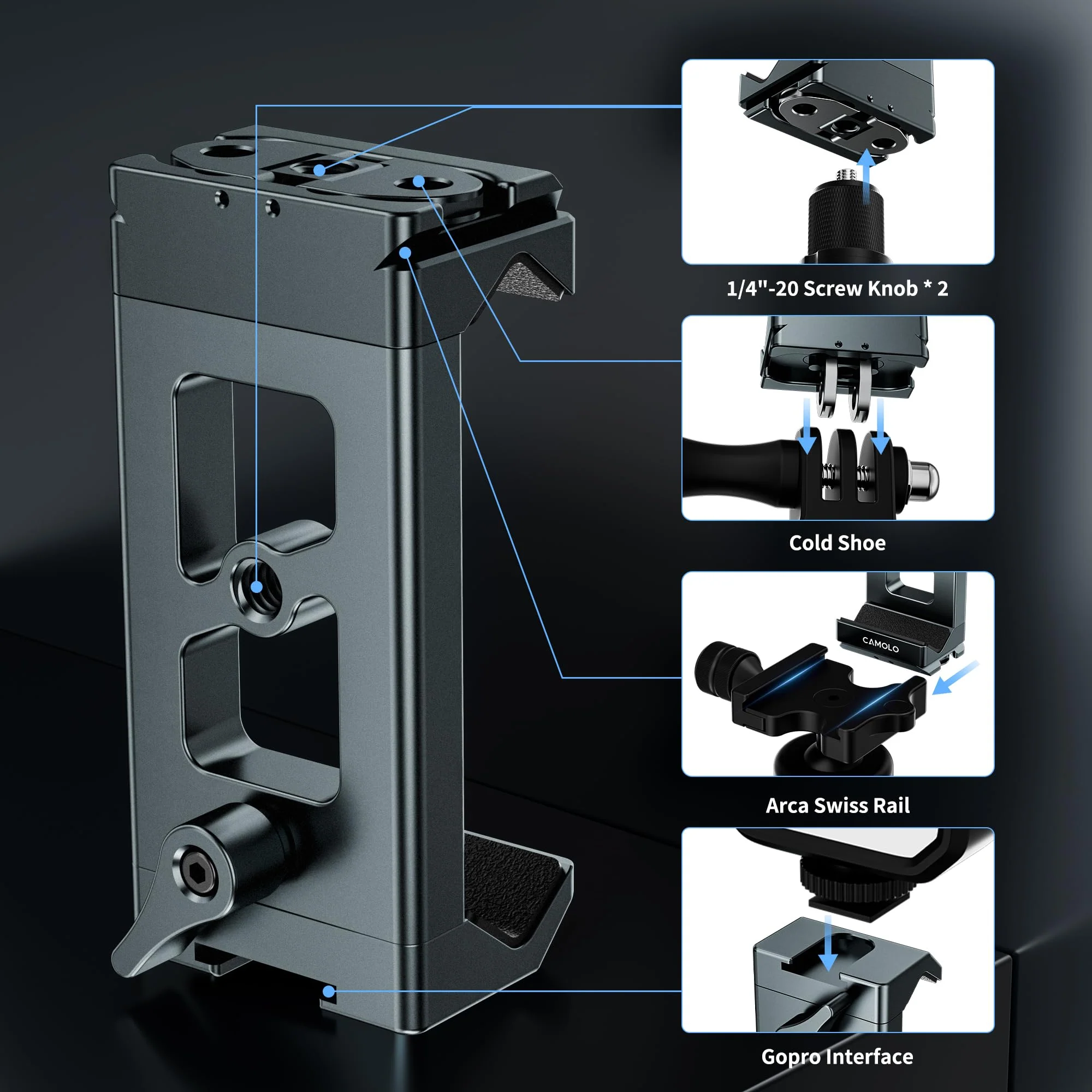 Metal Phone Tripod Mount Arca Port & Action Camera Adapter, Adjustable Smartphone Tripod Adapter Clamp Cell Phone Stand Holder Compatible with iPhone Plus PRO Max GoPro Samsung Galaxy Motorola Pixel - Image 2