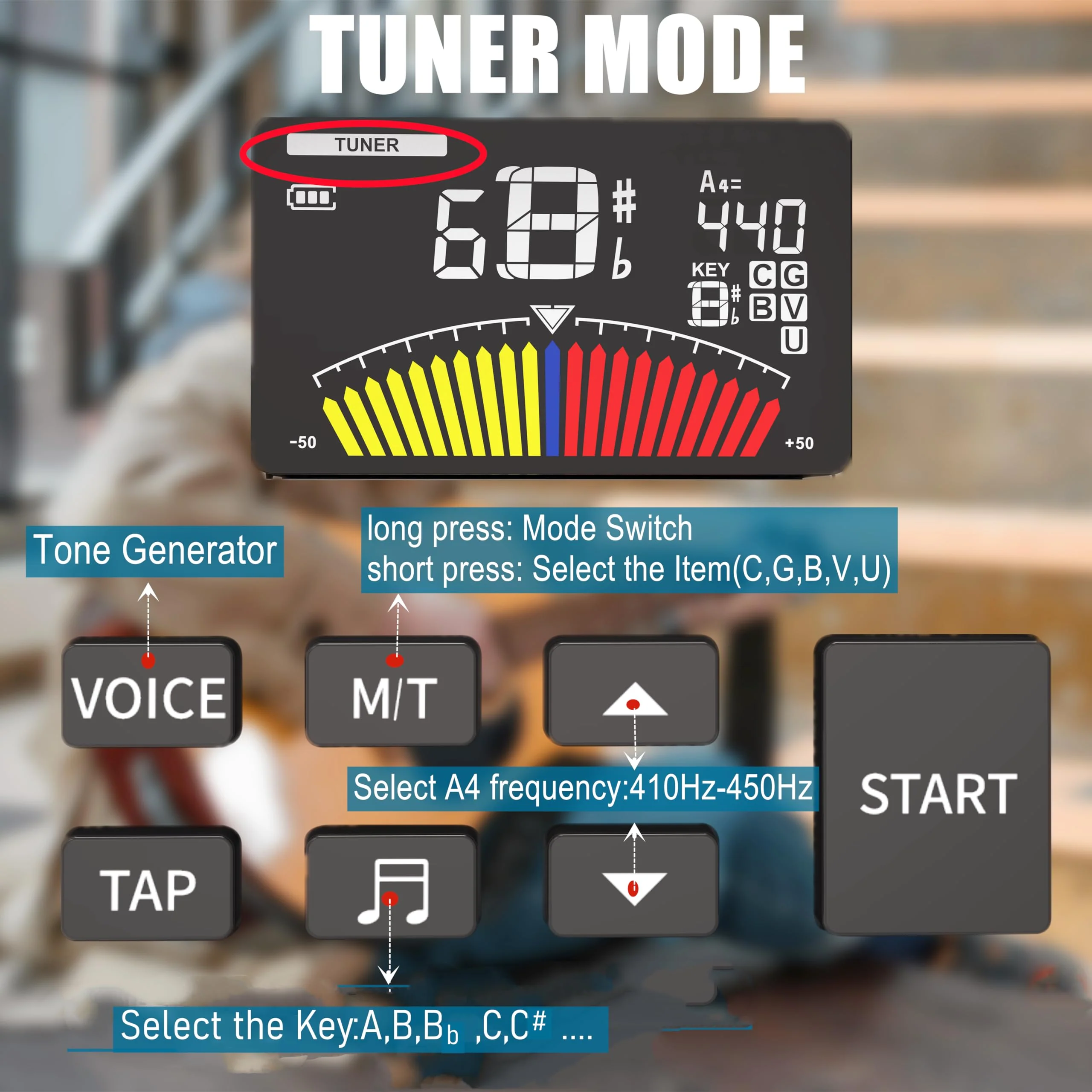 Metronome Tuner,Fast and Accurate Tuning, Three Beat Sound,English Vocal Counting Beat,Built-in Rechargeable Battery,Suit for Guitar, Bass, Saxophone ect MT-Black - Image 5