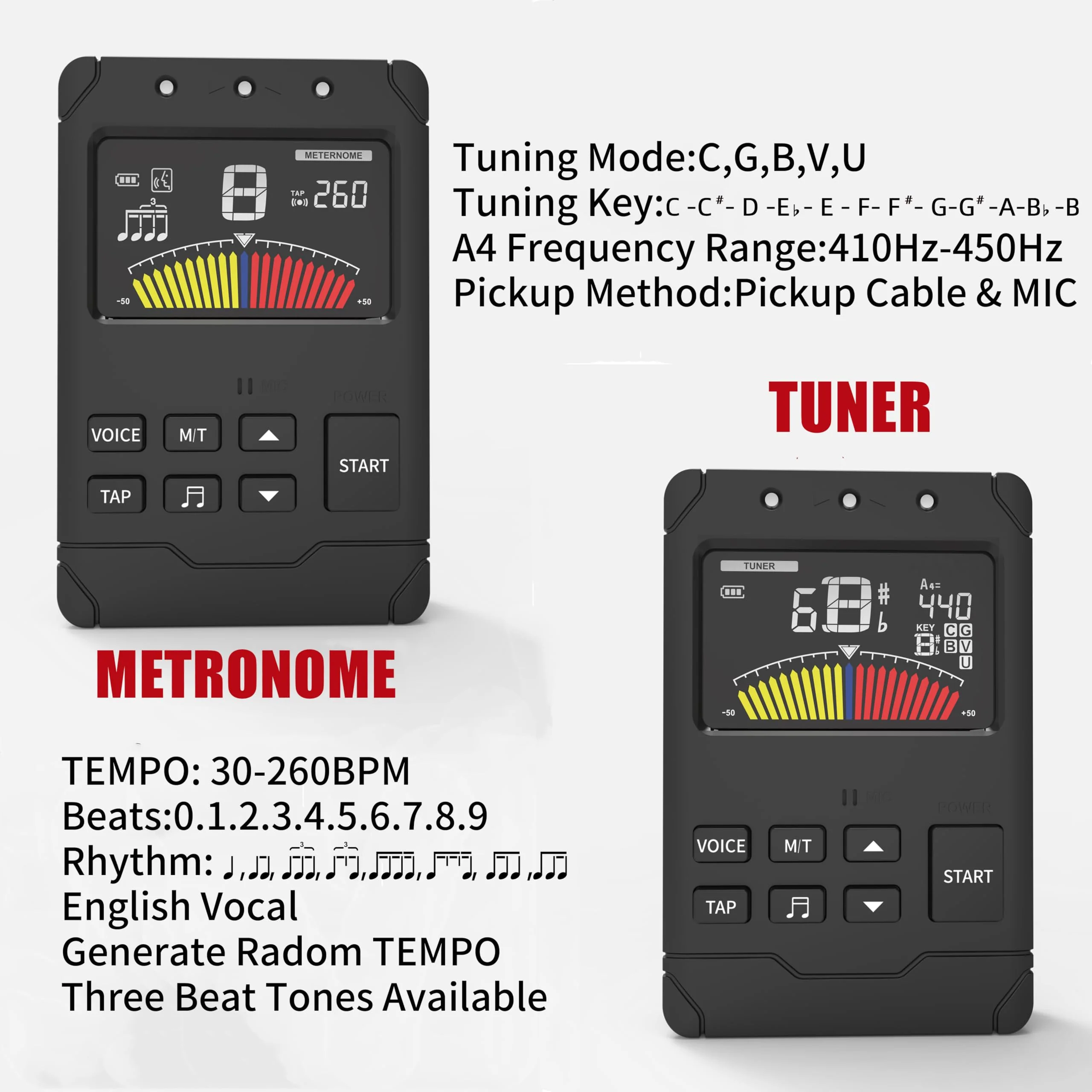 Metronome Tuner,Fast and Accurate Tuning, Three Beat Sound,English Vocal Counting Beat,Built-in Rechargeable Battery,Suit for Guitar, Bass, Saxophone ect MT-Black - Image 7