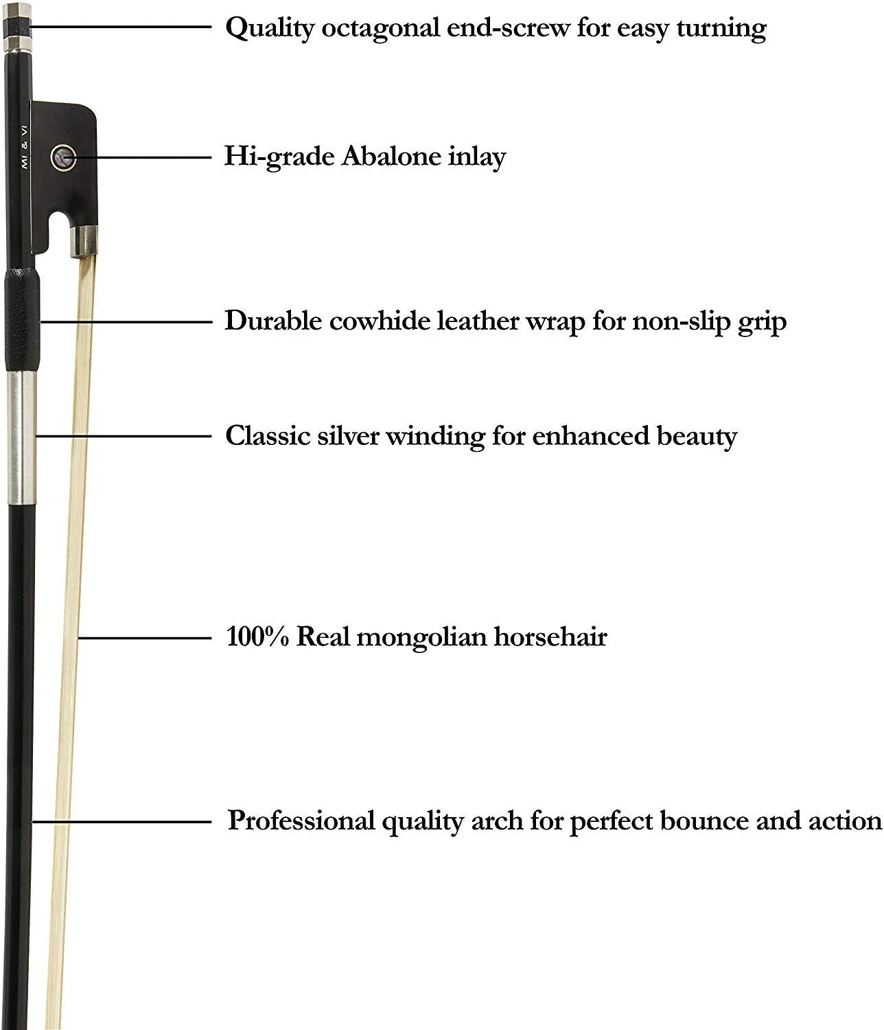 MI&VI CB-720 Classic Carbon Fiber Cello Bow (Size 3/4) with Rosin and Bow Soft Bag Included | Ebony Frog | Well Balanced | Mongolian Horse Hair - MIVI Music Cello 3/4 - Image 2
