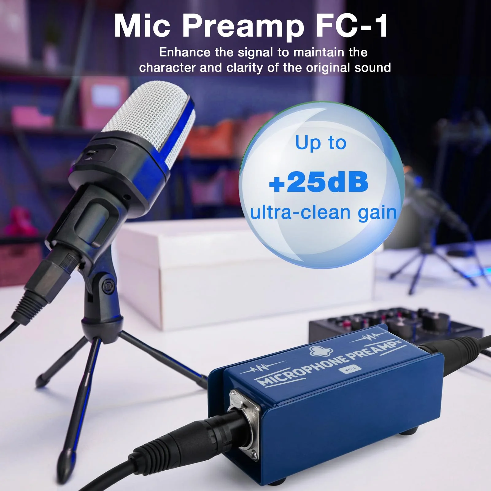 Mic Preamp FC-1 Microphone Gain Booster for Home Studios & Professional Recording | Compatible with Shure SM7B & Electro-Voice RE20 | Perfect for Podcasts, Live Sound & Studio Recording - Image 2