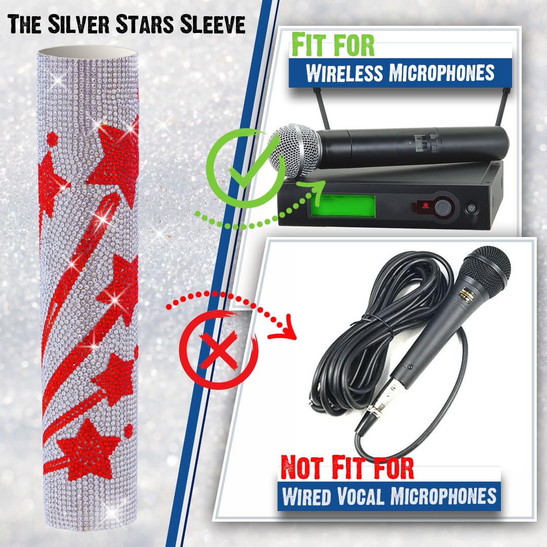 Microphone Cover for Wireless Mic SLX2 BLX2 SM58 Beta58 and Universal Transmitter Sparkle on Wedding Party Tours & TV Shows, Red Star Silver (Mic NOT Included) - Image 4