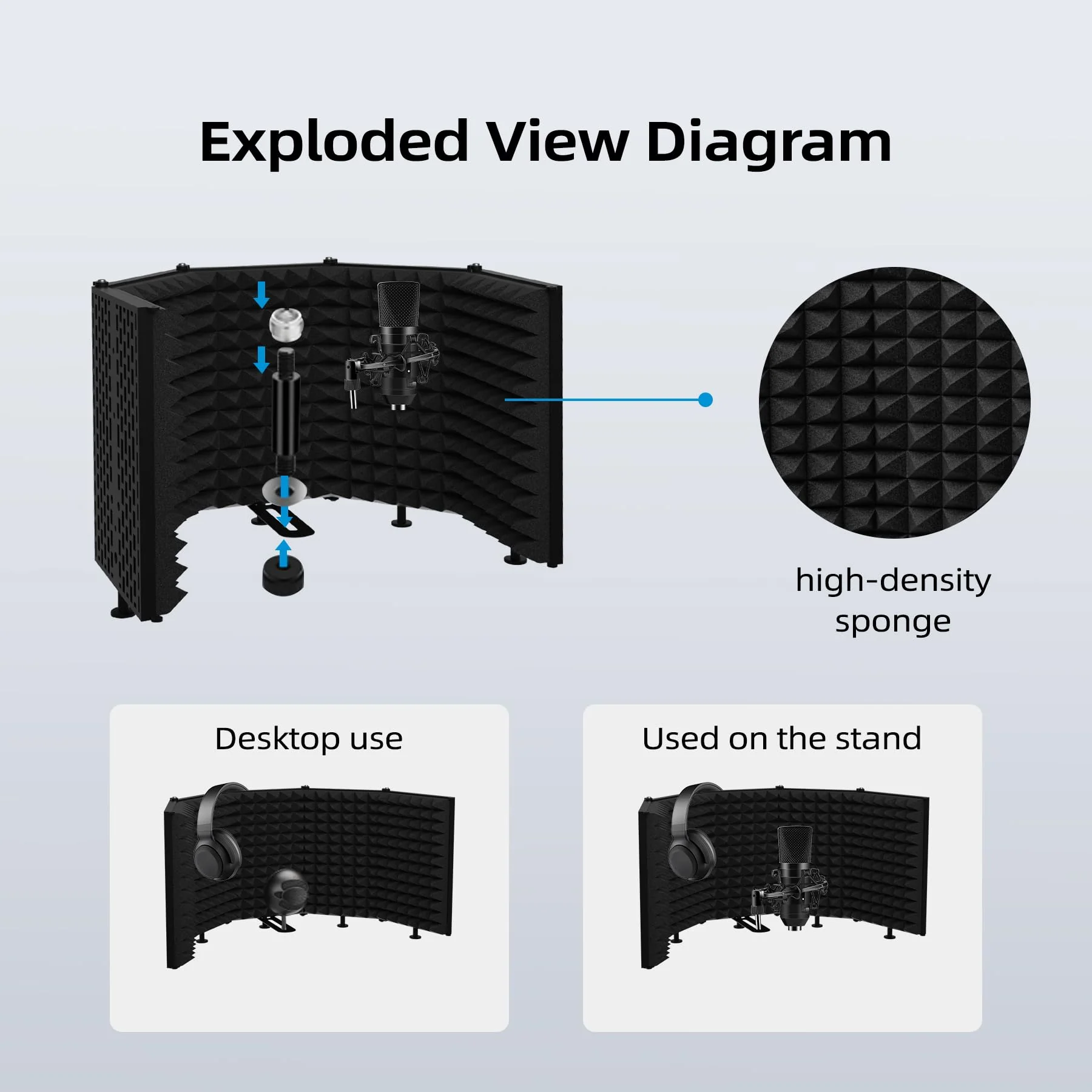 Microphone Isolation Shield – Foldable & Adjustable Soundproof Panel for Recording, Podcasting, Vocal Booth, Studio & Home Use (Five sides without stand) Five sides without stand - Image 4