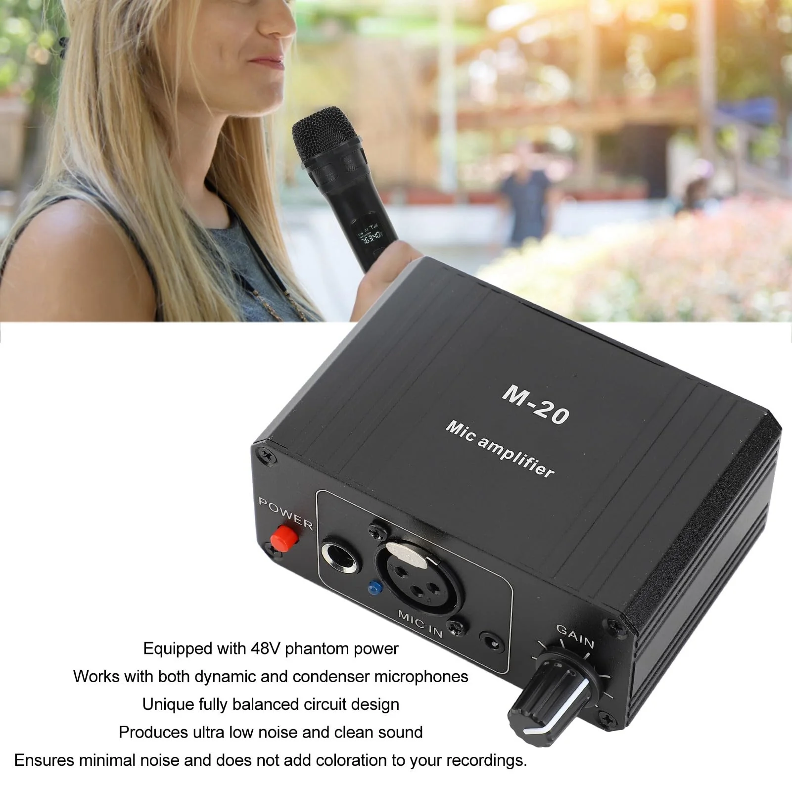 Microphone Preamp, 48V Power High Gain Electronic Audio Stereo Phonograph Preamplifier, with XLR Output, for Dynamic Condenser Microphones Booster - Image 4