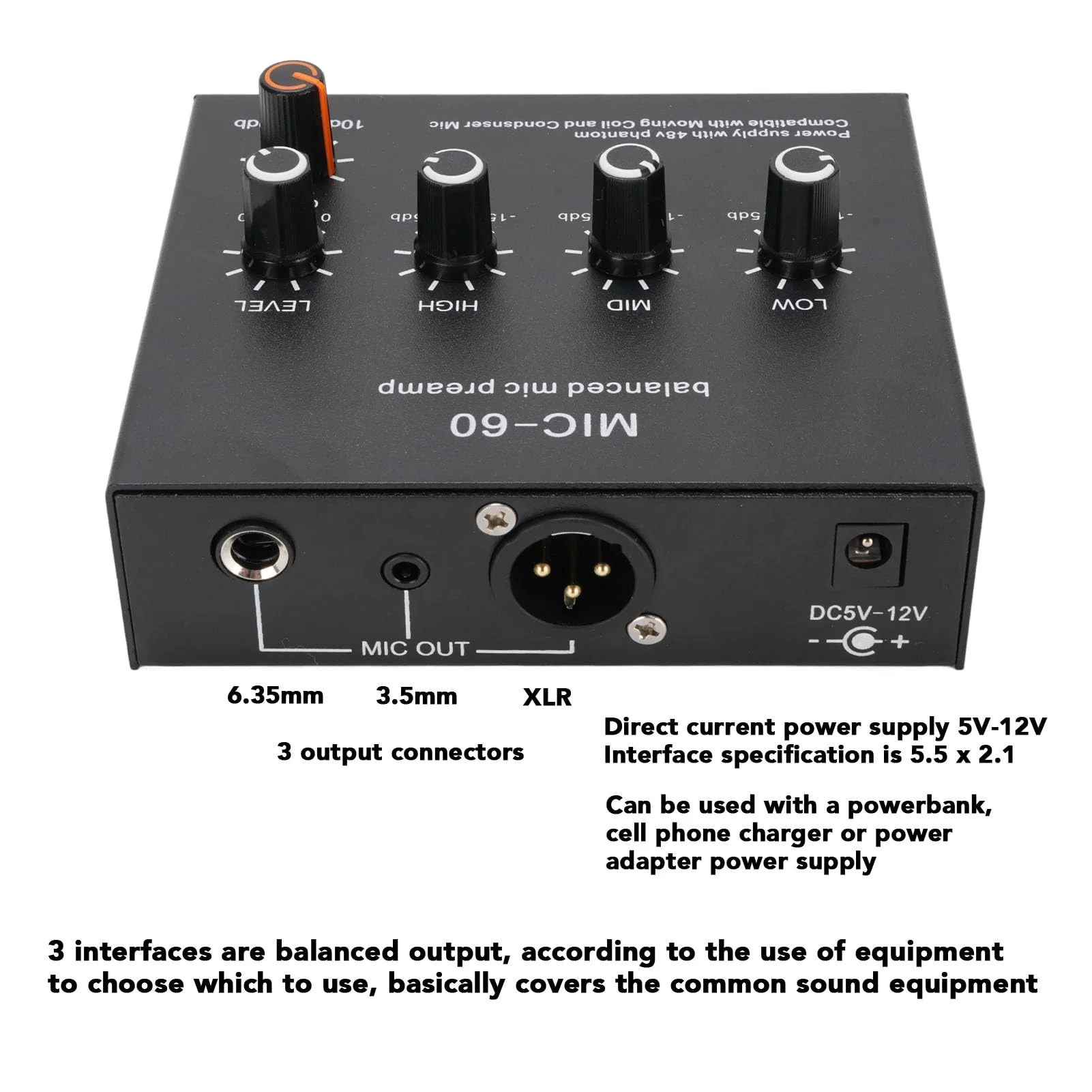 Microphone Preamp Mic Gain Booster 3 Input with 48V Power, XLR Balanced, 3.5mm/6.35mm Output, for Dynamic and Condenser Mic (with 3.5mm Sound Cable) With 3.5mm Sound Cable - Image 5