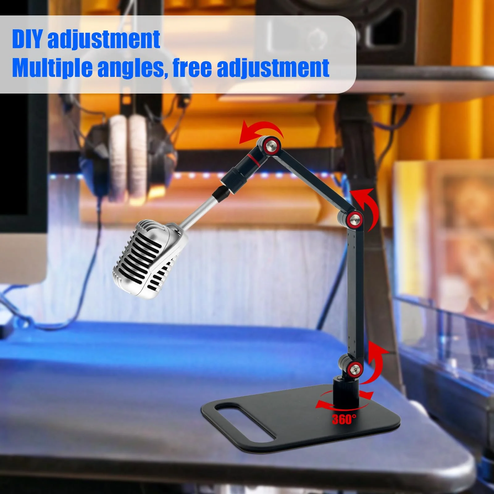 Microphone Stand Desk, Max Load 3.3lb Adjustable Desktop Mic Arm Stand with Thread Adapters for Podcast Streaming Gaming Studio Table Mount Accessories - Image 5