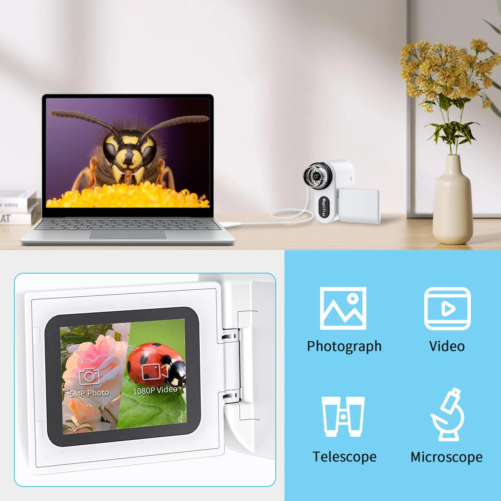 Microscope for Kids - 1000X Portable Kids Microscope Handheld Microscope | Telescope and Microscope with 32GB SD Card | Photo and Video Mini Microscope | Science Kits for Kids Over 3 Years Old White - Image 4