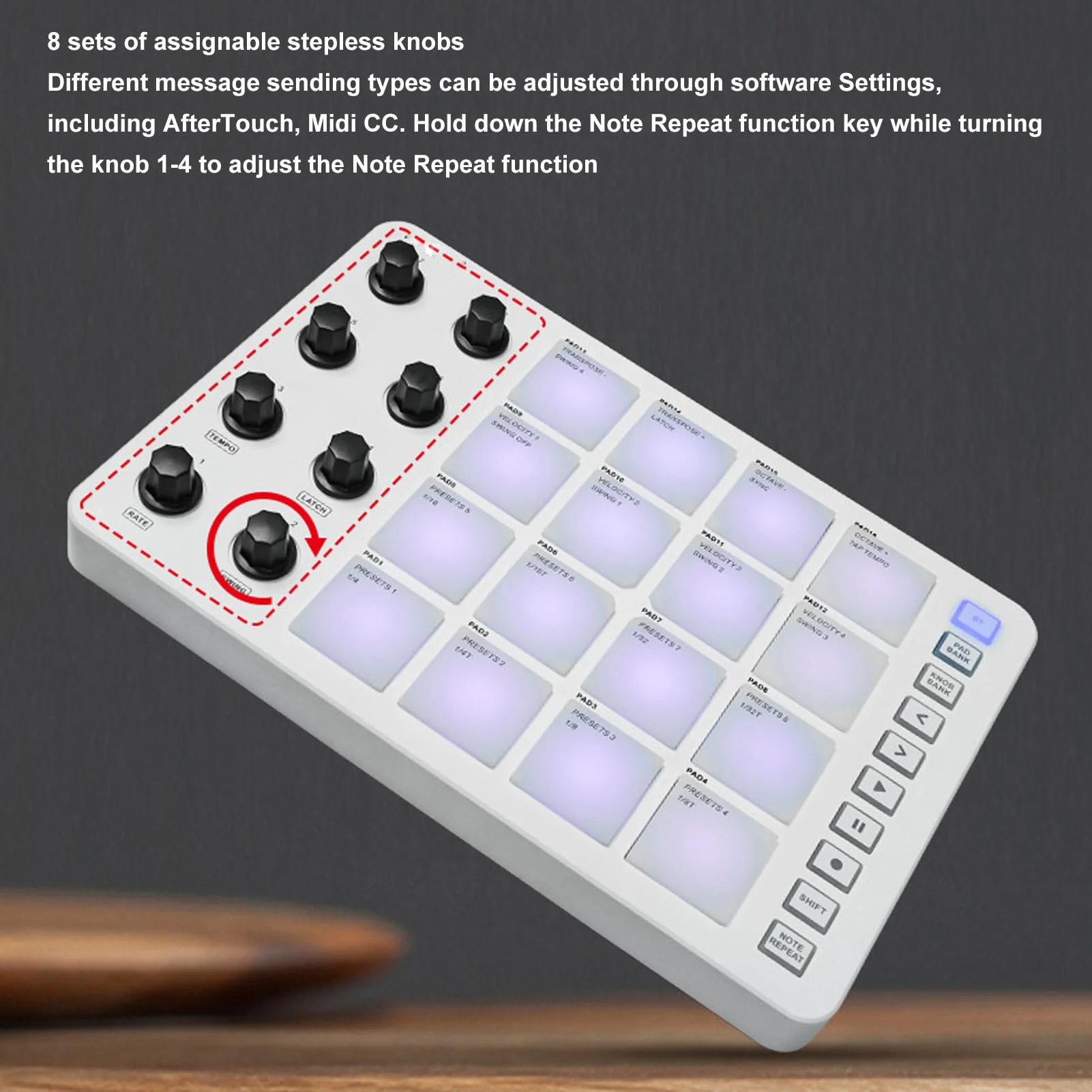 MIDI Pad Controller, Portable SMC PAD Bluetooth MIDI Controller with 16 RGB Backlit Pads, 8 Assignable Knobs, Note Repeat, Full Level Buttons, 3.5mm MIDI Output - Image 4