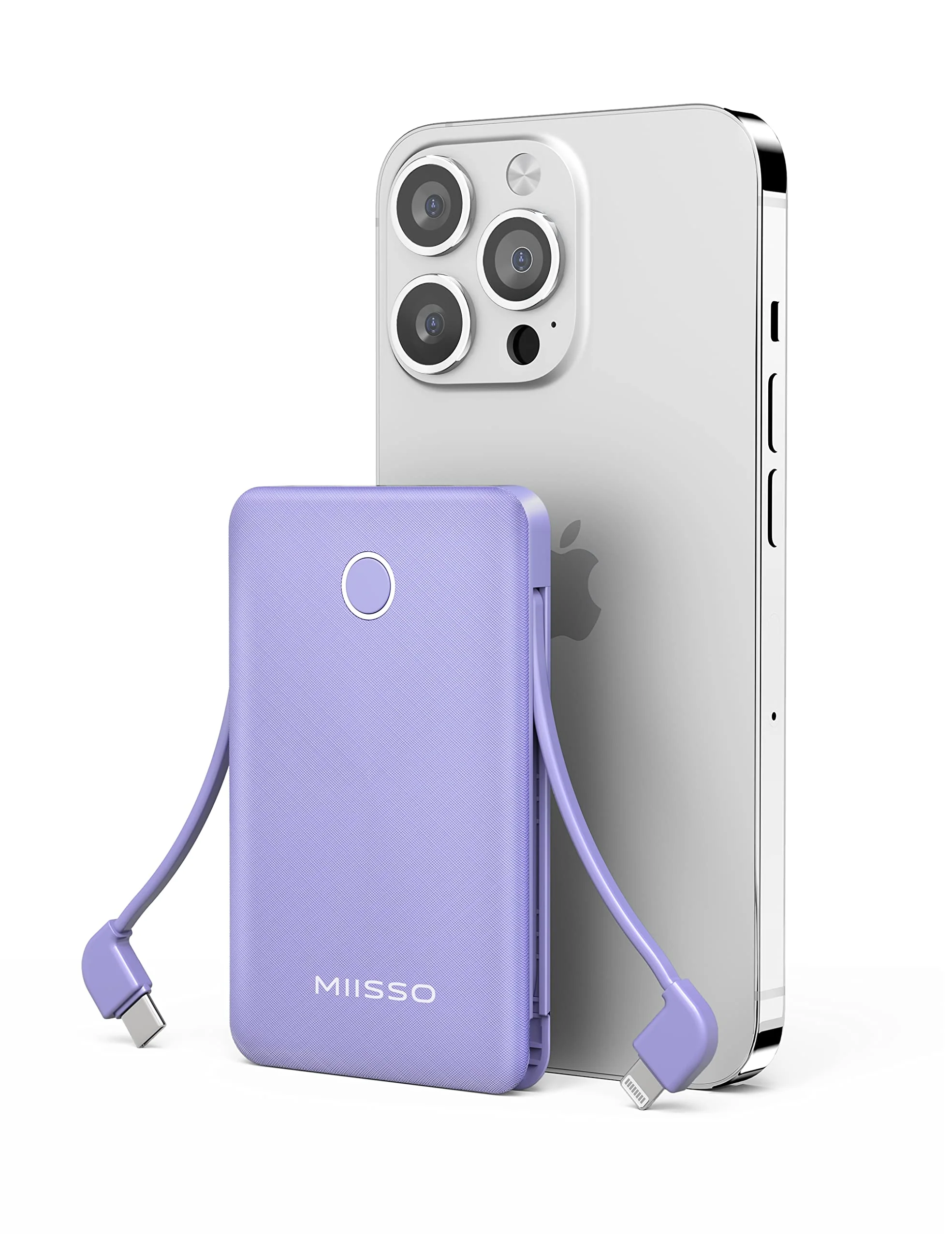 miisso 6000mah Ultra Slim Built in Cables Power Bank, Card Size Built in USB C Cords Battery Pack Portable Charger for Phones, 3 Output External Battery Pack Compatible with iPhone, Samsung, Purple 6000mah Purple
