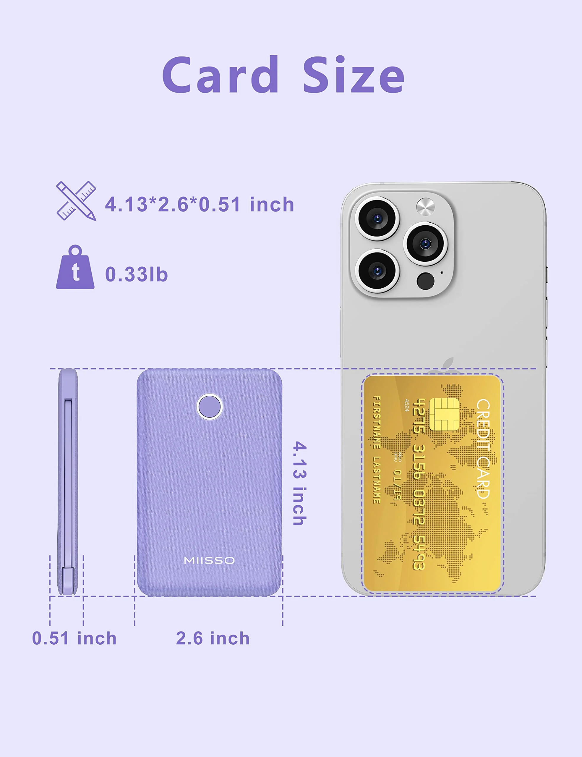 miisso 6000mah Ultra Slim Built in Cables Power Bank, Card Size Built in USB C Cords Battery Pack Portable Charger for Phones, 3 Output External Battery Pack Compatible with iPhone, Samsung, Purple 6000mah Purple - Image 2