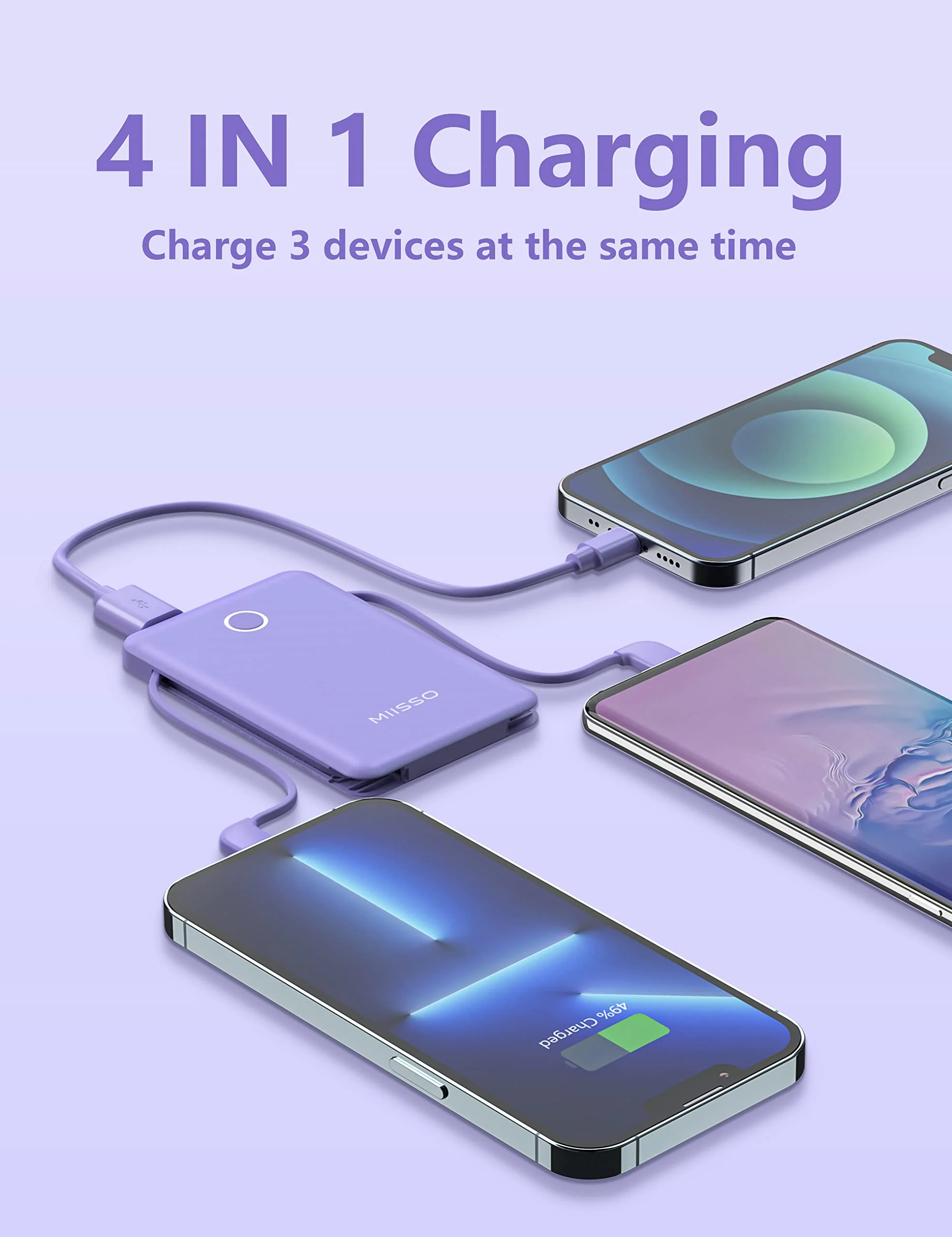 miisso 6000mah Ultra Slim Built in Cables Power Bank, Card Size Built in USB C Cords Battery Pack Portable Charger for Phones, 3 Output External Battery Pack Compatible with iPhone, Samsung, Purple 6000mah Purple - Image 3