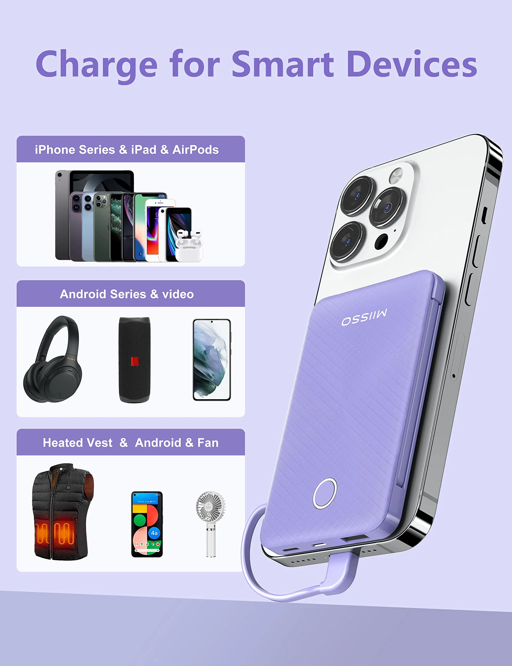 miisso 6000mah Ultra Slim Built in Cables Power Bank, Card Size Built in USB C Cords Battery Pack Portable Charger for Phones, 3 Output External Battery Pack Compatible with iPhone, Samsung, Purple 6000mah Purple - Image 4
