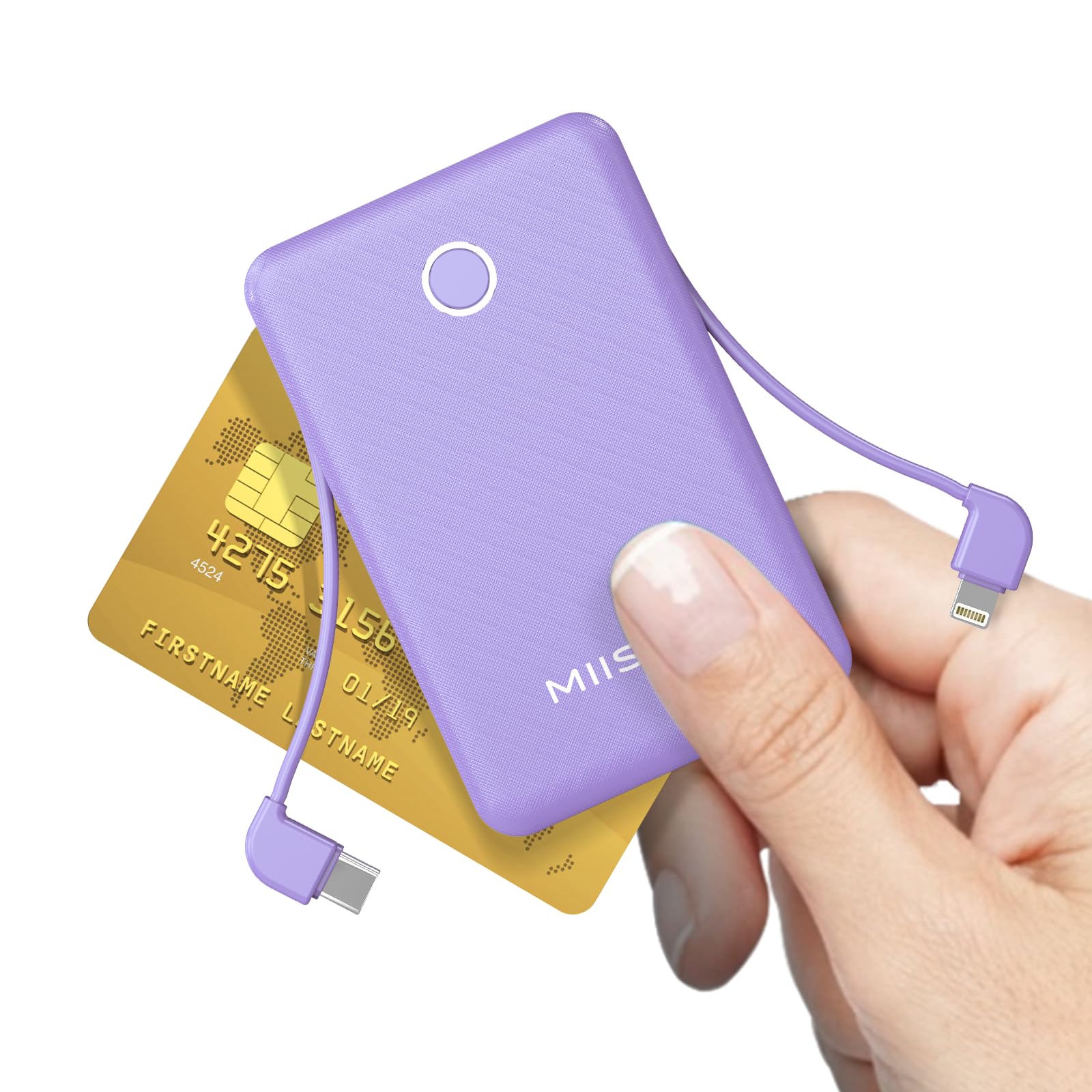 miisso 6000mah Ultra Slim Built in Cables Power Bank, Card Size Built in USB C Cords Battery Pack Portable Charger for Phones, 3 Output External Battery Pack Compatible with iPhone, Samsung, Purple 6000mah Purple - Image 5