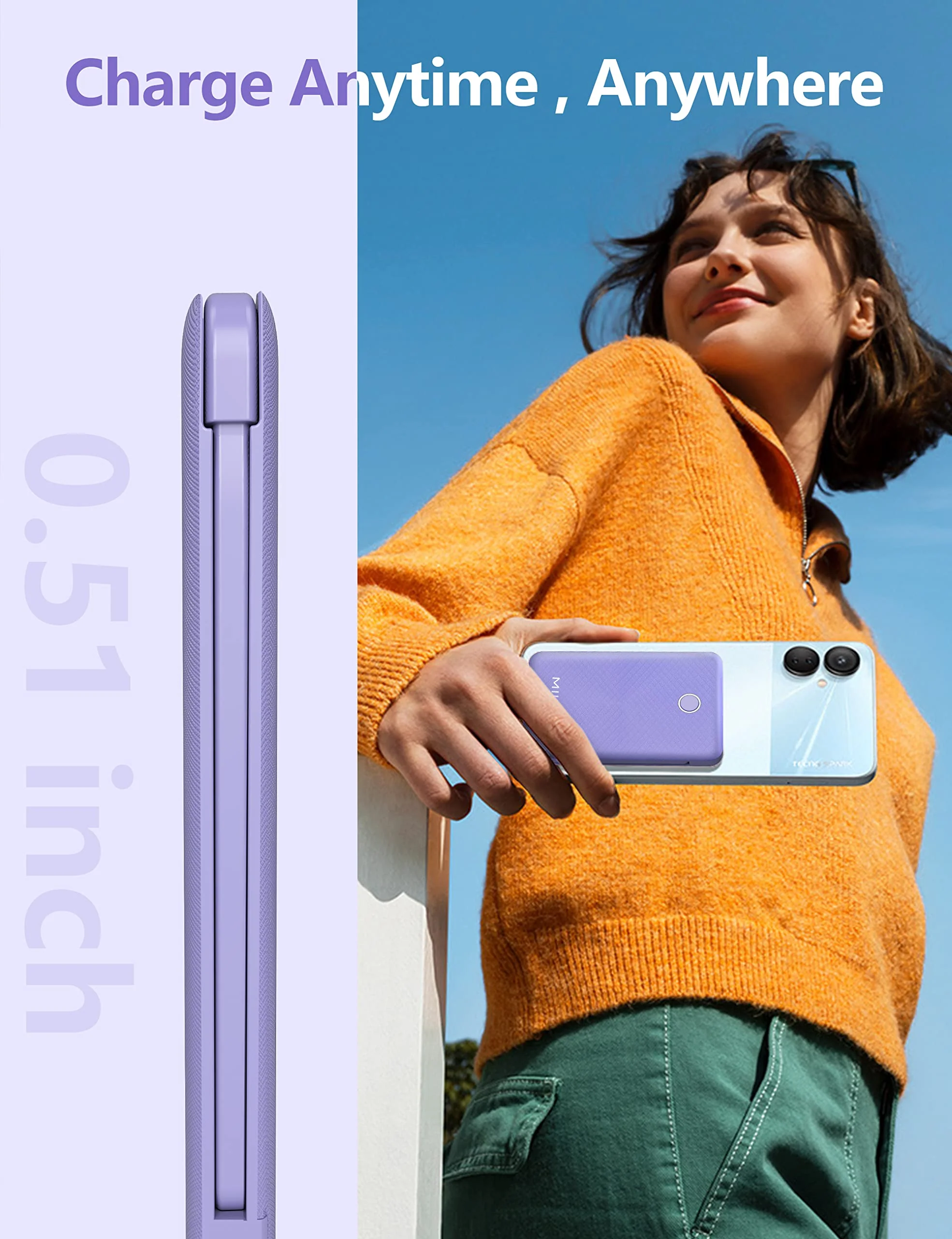 miisso 6000mah Ultra Slim Built in Cables Power Bank, Card Size Built in USB C Cords Battery Pack Portable Charger for Phones, 3 Output External Battery Pack Compatible with iPhone, Samsung, Purple 6000mah Purple - Image 6