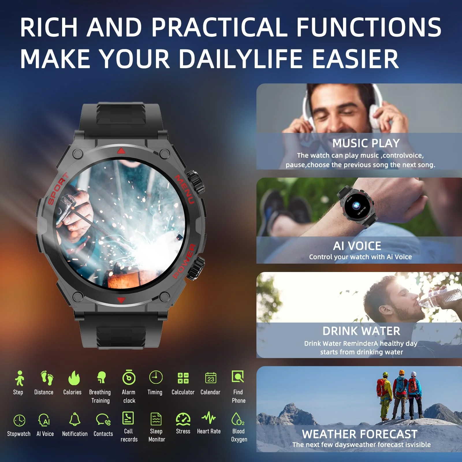 Military Smart Watch, 1.52-Inch Touch Screen Tactical Smartwatch with Text and Call, Heart Rate, Blood Oxygen, and Activity Trackers - Compatible with iPhone and Android, for Men and Women(Black) Black - Image 3