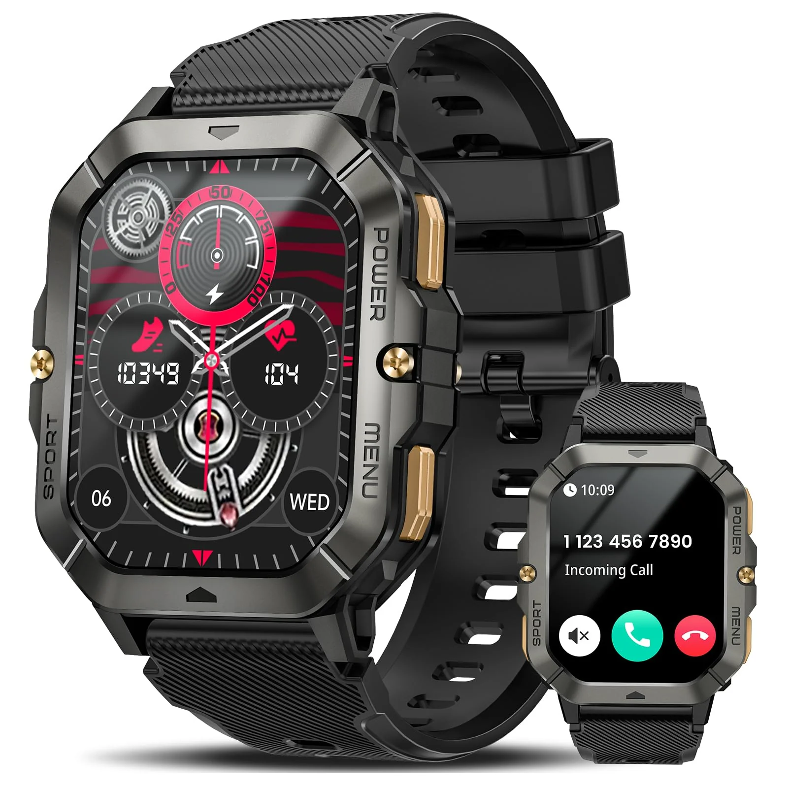 Military Smart Watches for Men (Answer/Make Calls), 2.02'' Fitness Smart Watch for Android and iPhone, Waterproof Fitness Tracker with Blood Pressure/Heart Rate/Sleep/100+ Sport Modes, Watches for Men Black