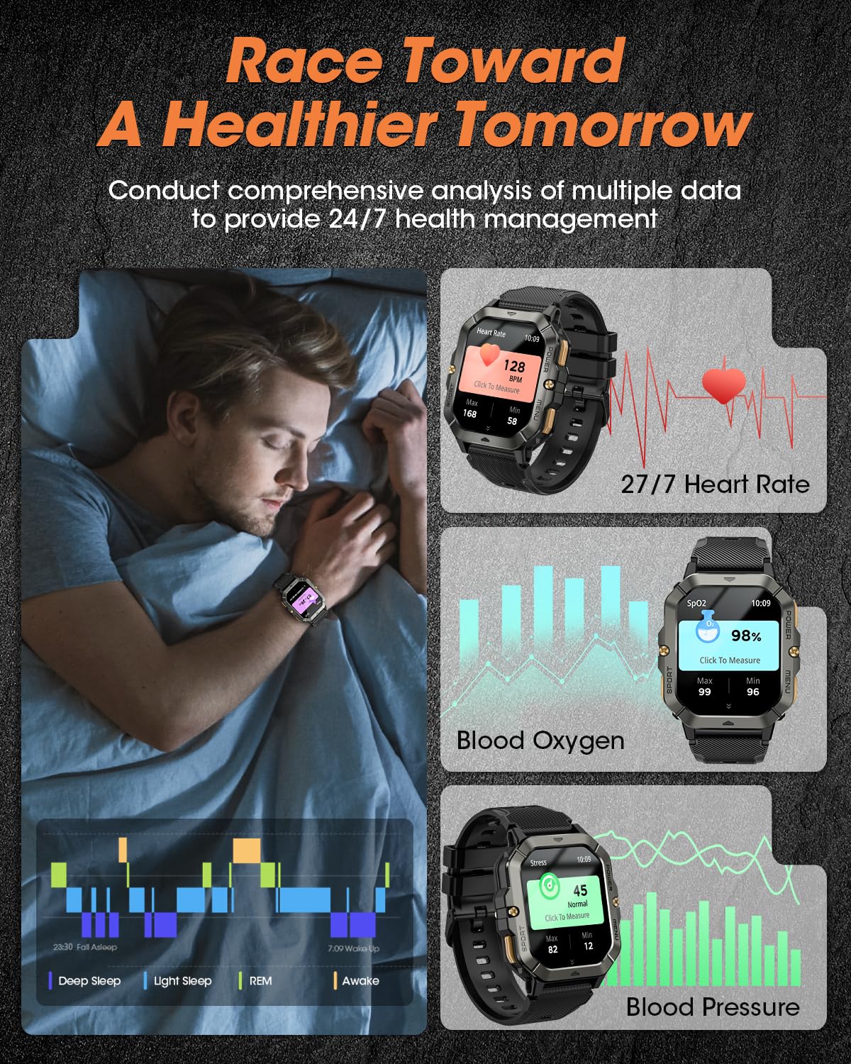 Military Smart Watches for Men (Answer/Make Calls), 2.02'' Fitness Smart Watch for Android and iPhone, Waterproof Fitness Tracker with Blood Pressure/Heart Rate/Sleep/100+ Sport Modes, Watches for Men Black - Image 4