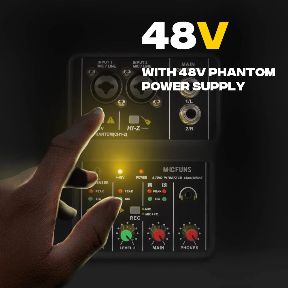 Mini 2 channel audio DJ mixer console interface with 48V phantom power Combo Jack Microphone/Guitar XLR+6.35mm, 3.5mm Stereo in, Headphone Jack for studio live show,party recording - Image 2