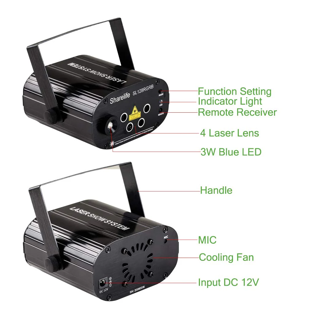 Mini 4 Lens 128 RGRB Patterns Laser Effect Mixed Blue LED Background Projector Light Remote Music Auto for DJ Party Show Home Gig Xmas Stage Lighting SL128RGRB - Image 2