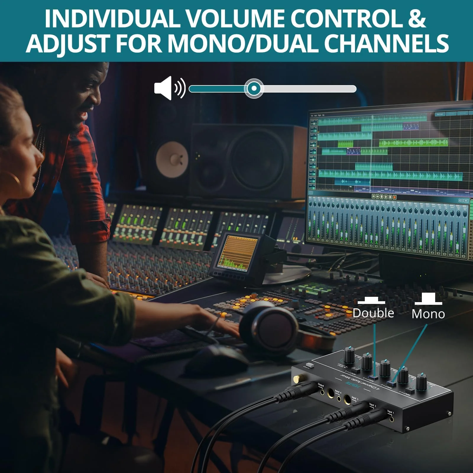 Mini Audio Mixer, 4 Channel Stereo Line Mixer 1/4" & 1/8" TSR Audio Output Input Jack, Line Mixer Stereo/Mono Independent Control and Switch for Guitars,Bass,Keyboards, Dynamic Microphone - Image 3