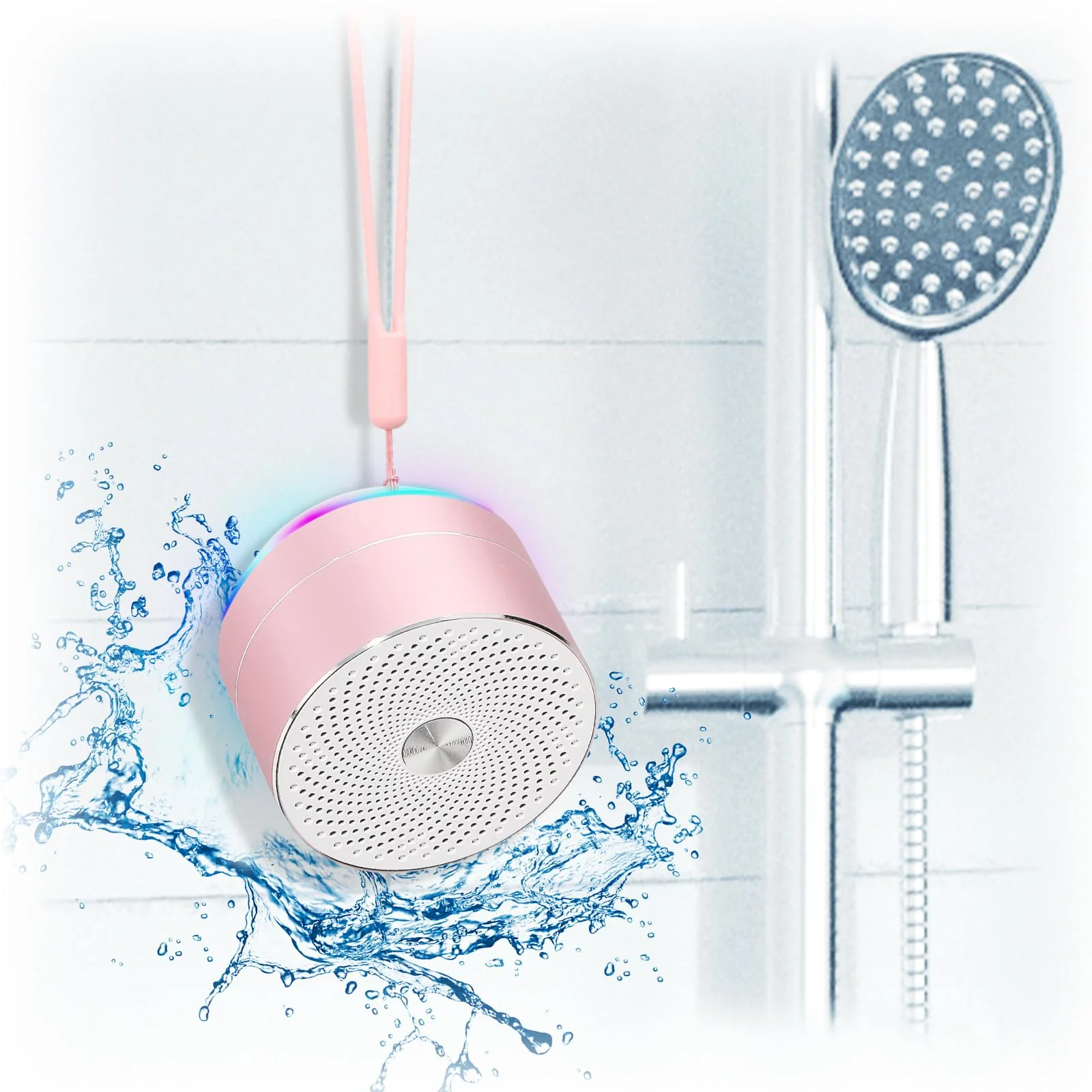 Mini Bluetooth Shower Speaker, IPX6 Waterproof Speaker, with RGB Lights, Mic, Portable Silicone Lanyard, Suction Cup, Clear Sound&Rich Bass, 12h Playtime, Small Pink Gifts for Girls Women Pink Rose Gold