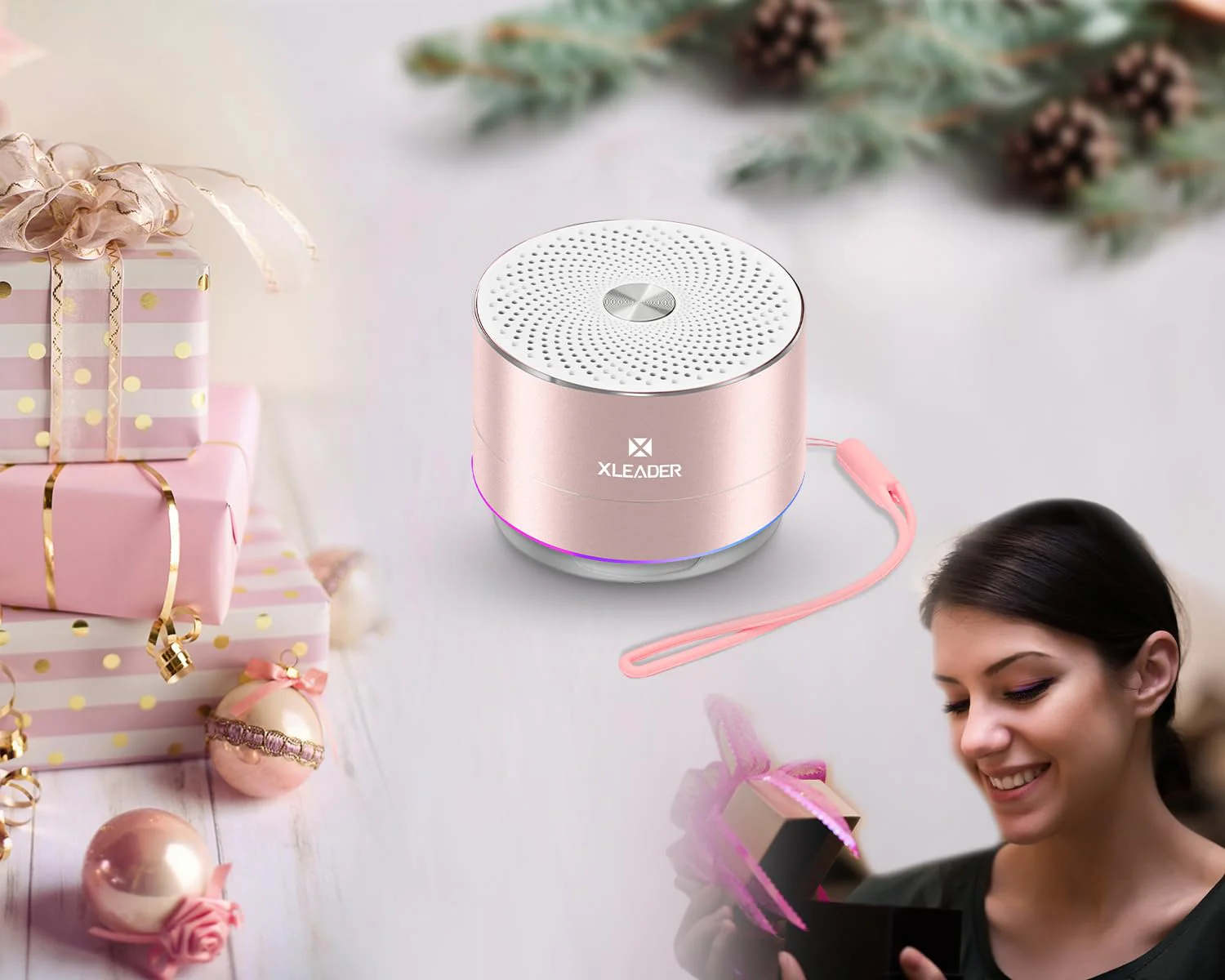 Mini Bluetooth Shower Speaker, IPX6 Waterproof Speaker, with RGB Lights, Mic, Portable Silicone Lanyard, Suction Cup, Clear Sound&Rich Bass, 12h Playtime, Small Pink Gifts for Girls Women Pink Rose Gold - Image 9