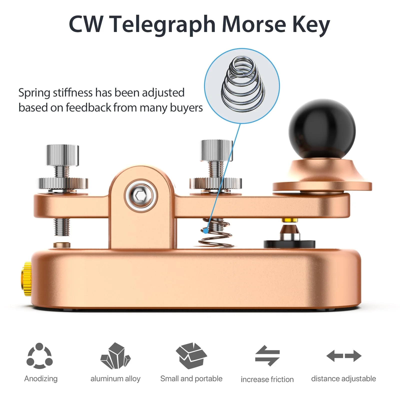 Mini CW Key Automatic Morse, Radio HAM Send Telegram Double Paddle Morse Code Key with Aluminum Alloy Body Base Gold(S) - Image 7