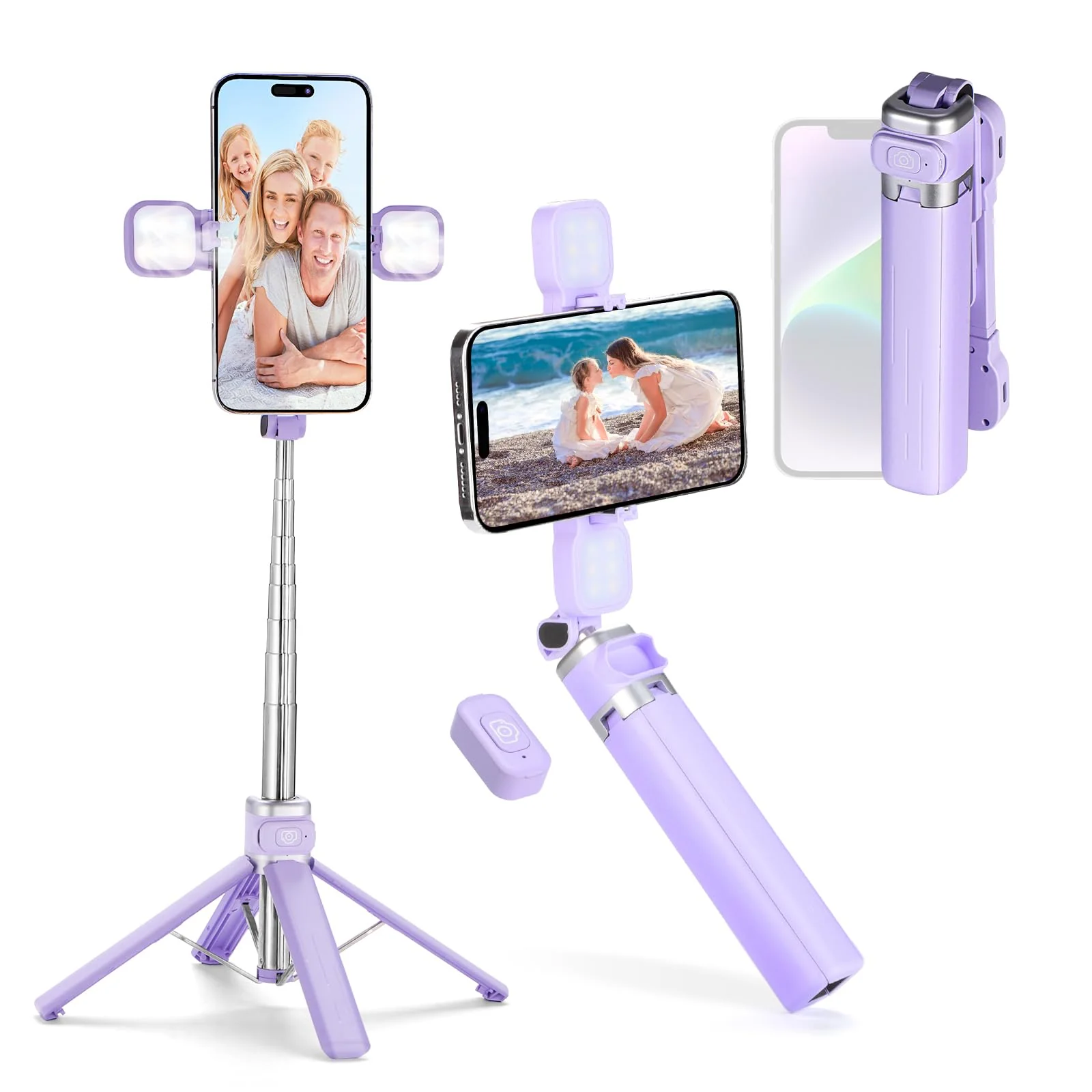 Mini iPhone Tripod Stand,MQOUNY 38" Phone Tripod &Selfie Stick with Wireless Rechargeable Remote & Removable Light, Extendable Tripod Stand 360 Rotation Compatible with iPhone&Android Samsung (Purple) Purple