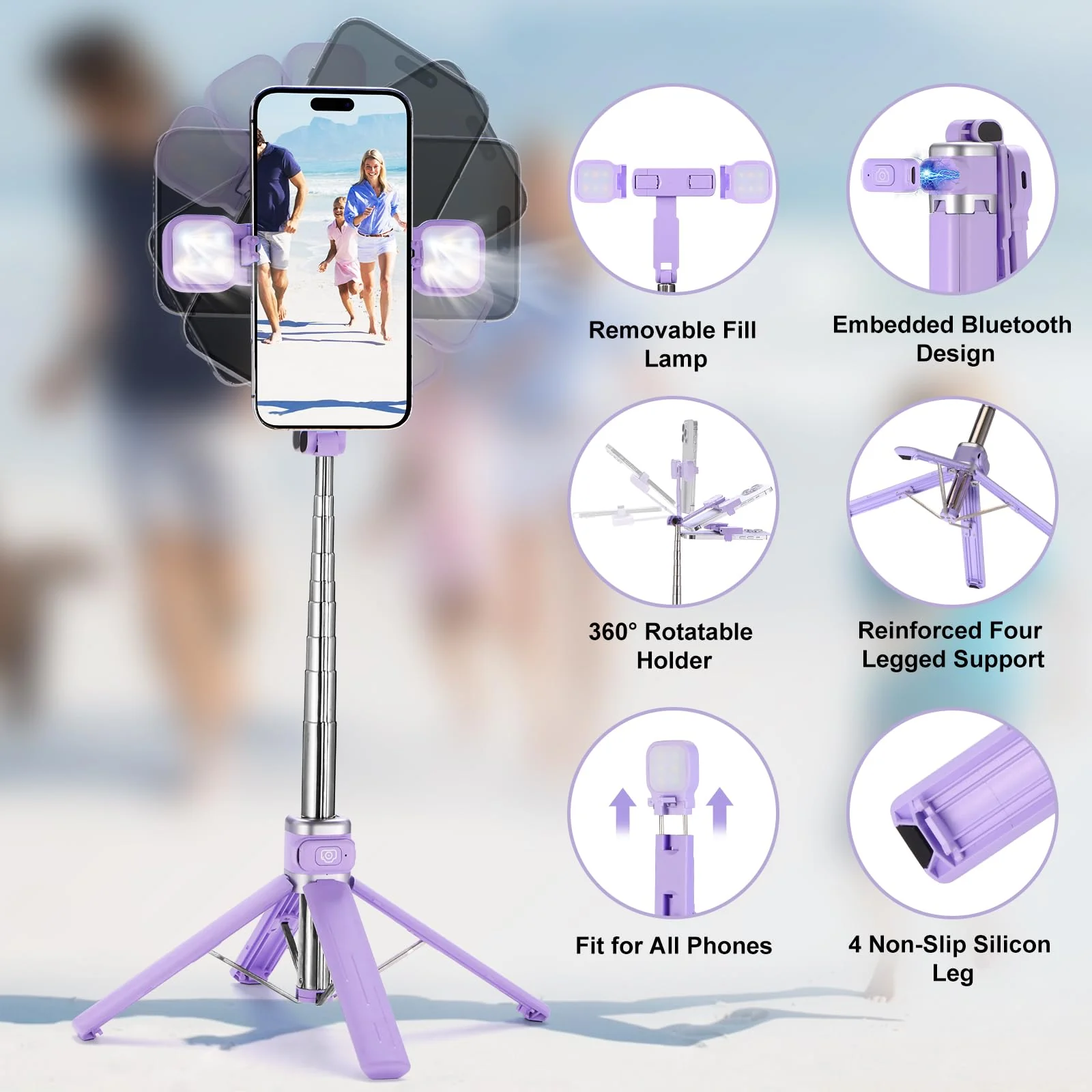 Mini iPhone Tripod Stand,MQOUNY 38" Phone Tripod &Selfie Stick with Wireless Rechargeable Remote & Removable Light, Extendable Tripod Stand 360 Rotation Compatible with iPhone&Android Samsung (Purple) Purple - Image 2