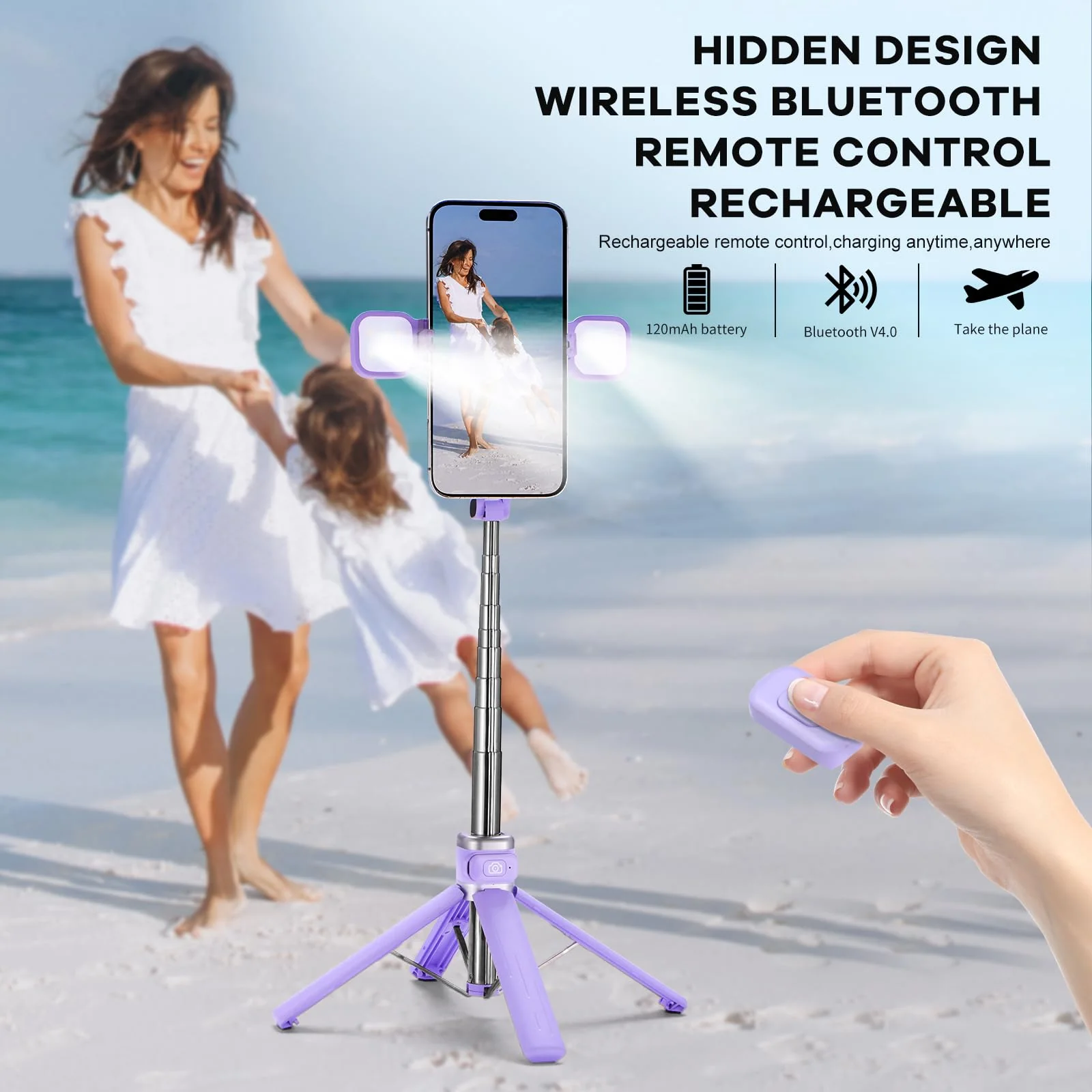 Mini iPhone Tripod Stand,MQOUNY 38" Phone Tripod &Selfie Stick with Wireless Rechargeable Remote & Removable Light, Extendable Tripod Stand 360 Rotation Compatible with iPhone&Android Samsung (Purple) Purple - Image 4