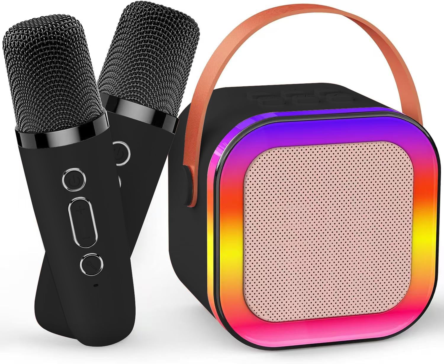 Mini Karaoke Machine for Kids Adults, Birthday Easter Gifts Toys for Girls Boys Friends Age 3-12+, Portable Bluetooth Speaker with 2 Wireless Mics and LED Light for Family Home Party(Black) Black