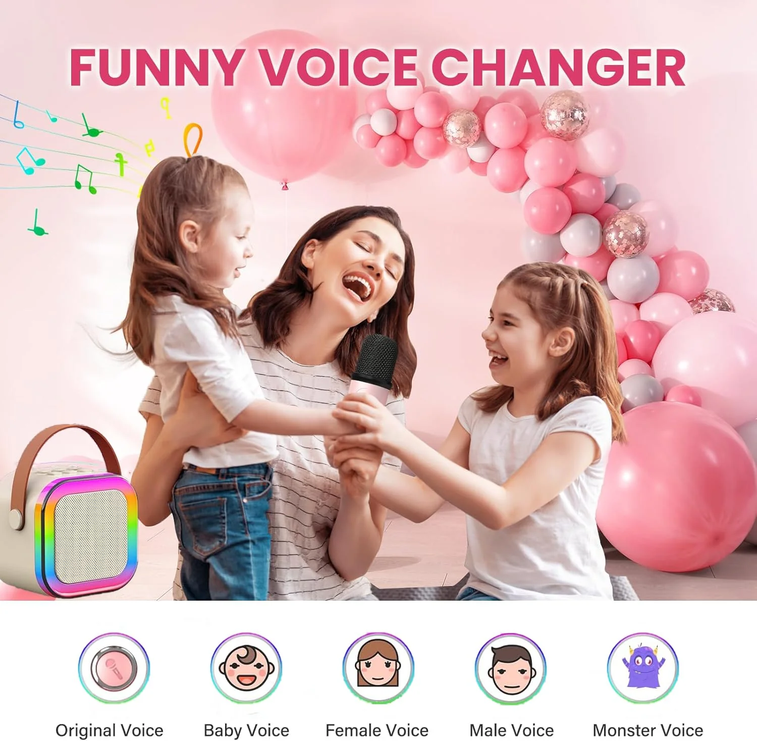 Mini Karaoke Machine for Kids Adults, Birthday Easter Gifts Toys for Girls Boys Friends Age 3-12+, Portable Bluetooth Speaker with 2 Wireless Mics and LED Light for Family Home Party(Black) Black - Image 2