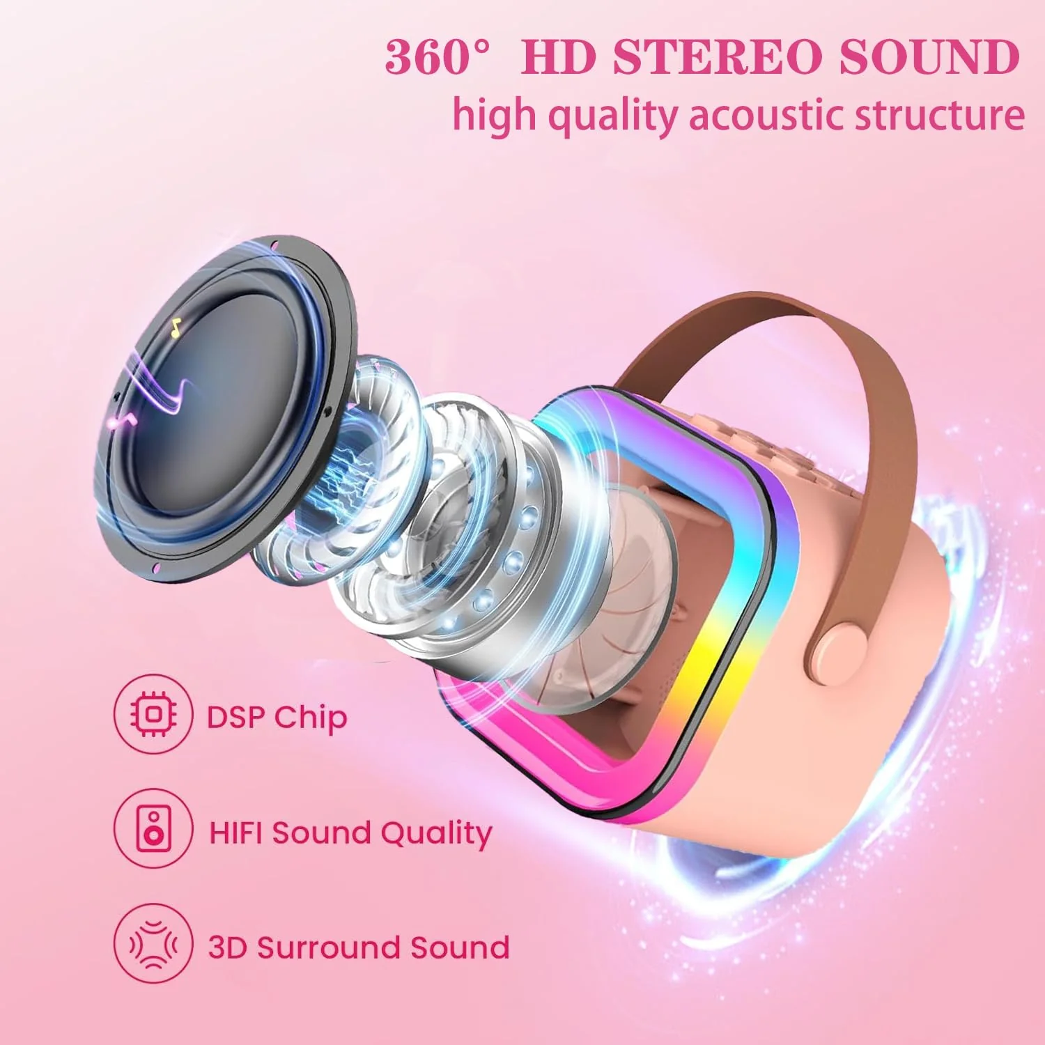 Mini Karaoke Machine for Kids Adults, Birthday Easter Gifts Toys for Girls Boys Friends Age 3-12+, Portable Bluetooth Speaker with 2 Wireless Mics and LED Light for Family Home Party(Black) Black - Image 4